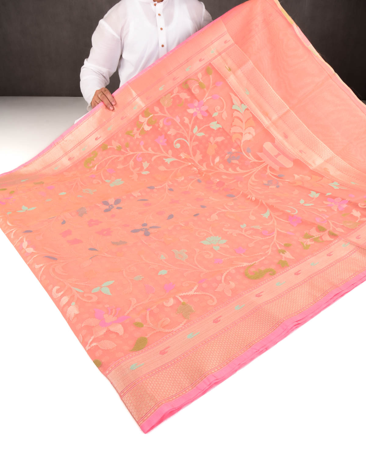 Salmon Pink Banarasi Gold Zari Polka Buti & Meenekari Palla Cutwork Brocade Woven Art Kora Silk Saree-HolyWeaves