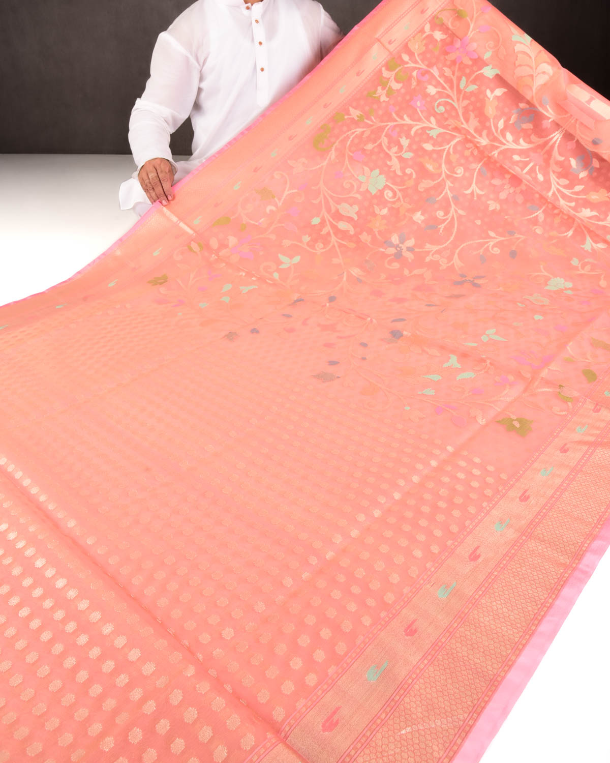 Salmon Pink Banarasi Gold Zari Polka Buti & Meenekari Palla Cutwork Brocade Woven Art Kora Silk Saree-HolyWeaves