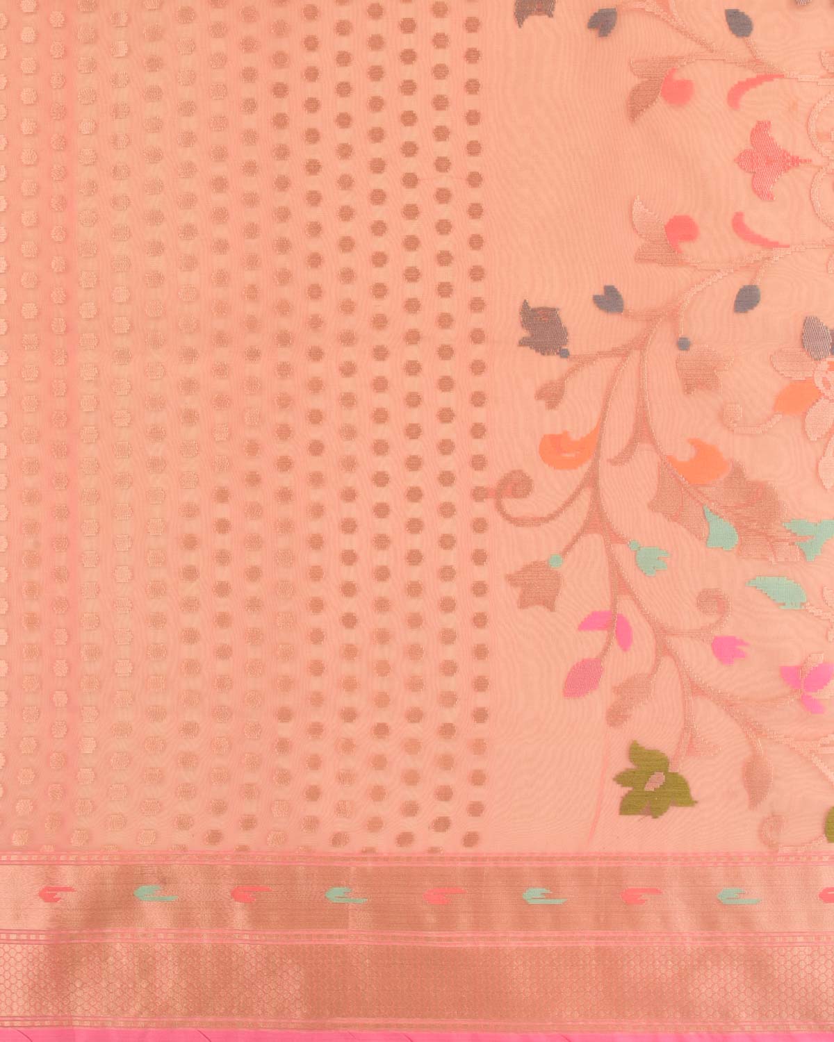 Salmon Pink Banarasi Gold Zari Polka Buti & Meenekari Palla Cutwork Brocade Woven Art Kora Silk Saree-HolyWeaves