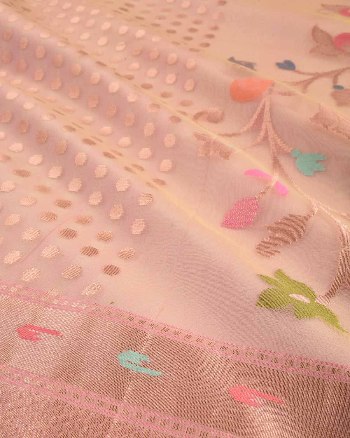 Tuscany Peach Banarasi Gold Zari Polka Buti & Meenekari Palla Cutwork Brocade Woven Art Kora Silk Saree-HolyWeaves