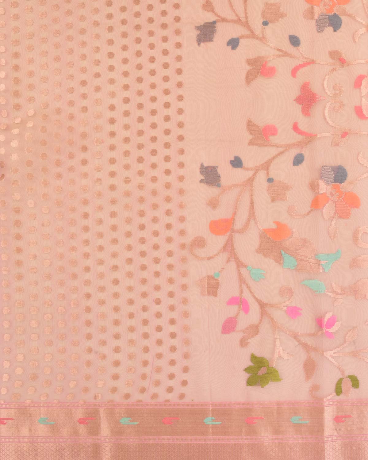 Tuscany Peach Banarasi Gold Zari Polka Buti & Meenekari Palla Cutwork Brocade Woven Art Kora Silk Saree-HolyWeaves