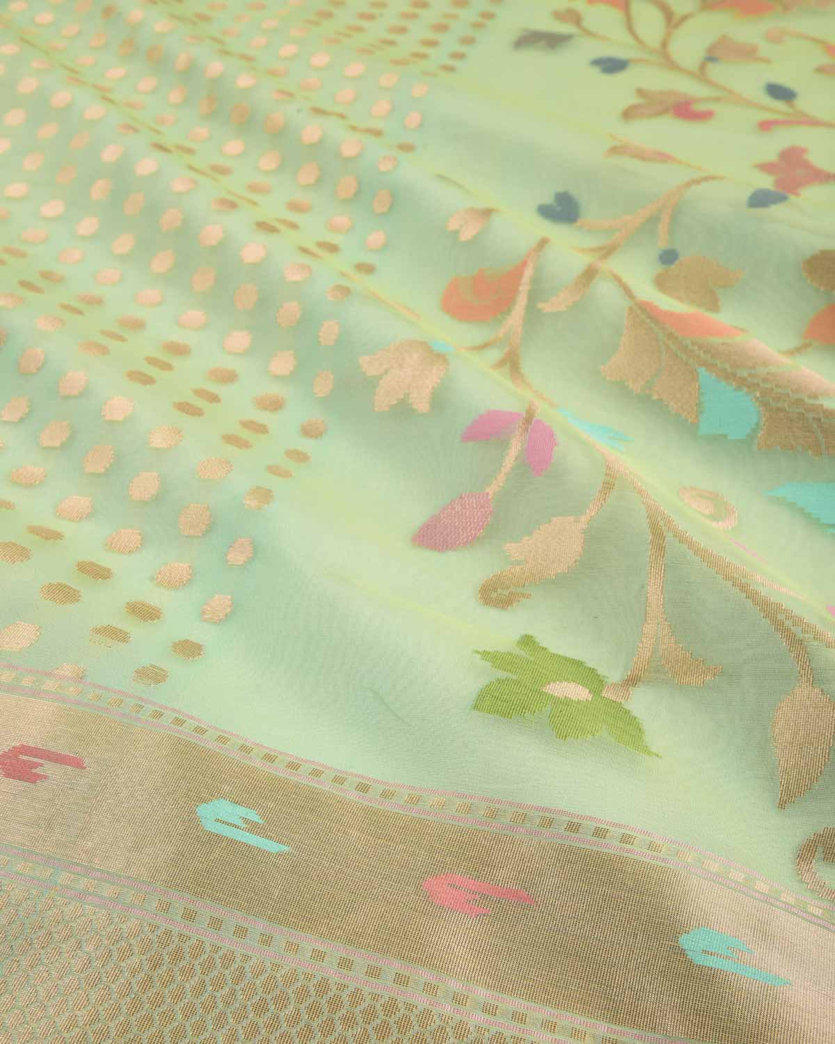 Aqua Marine Banarasi Gold Zari Polka Buti & Meenekari Palla Cutwork Brocade Woven Art Kora Silk Saree-HolyWeaves