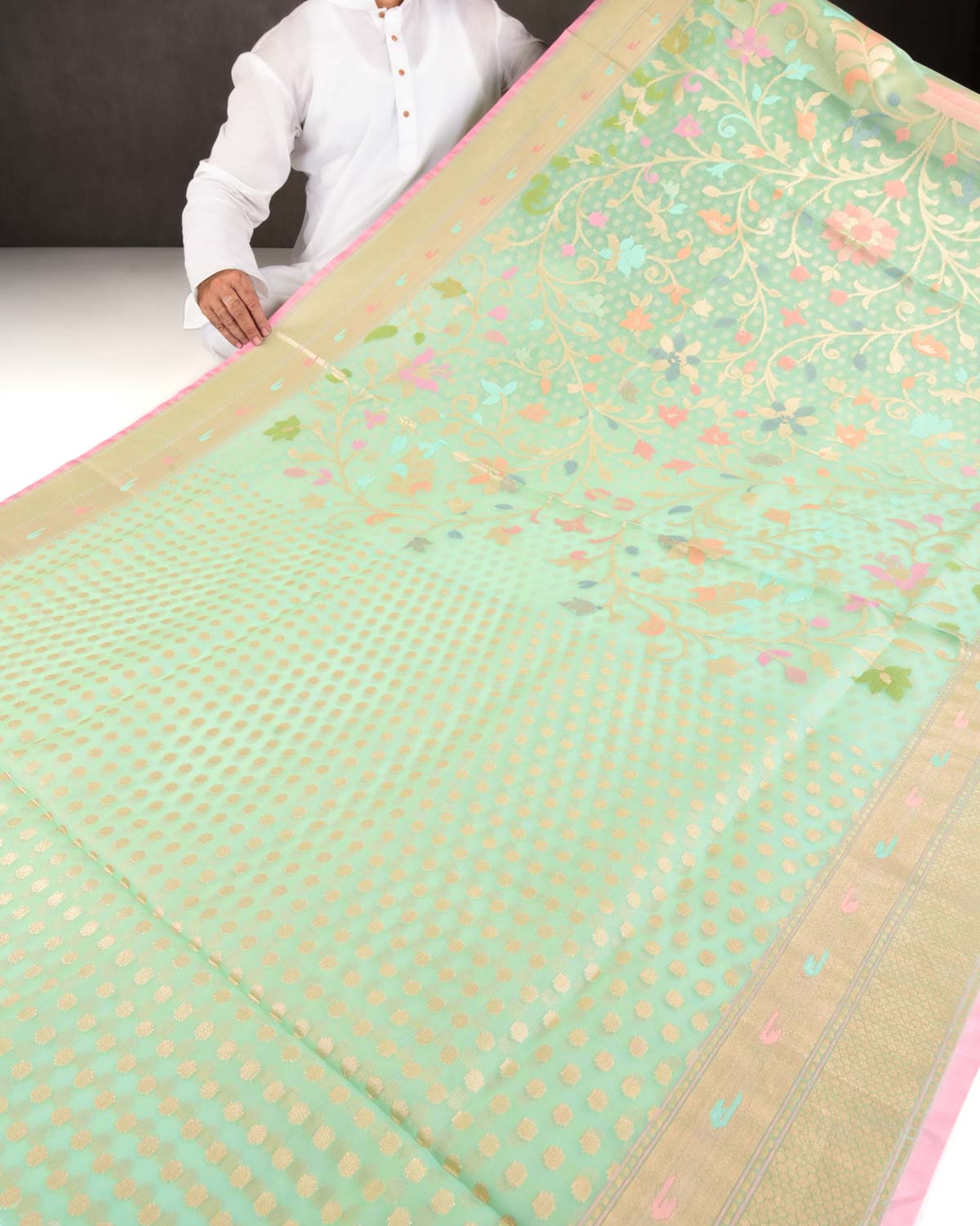 Aqua Marine Banarasi Gold Zari Polka Buti & Meenekari Palla Cutwork Brocade Woven Art Kora Silk Saree-HolyWeaves