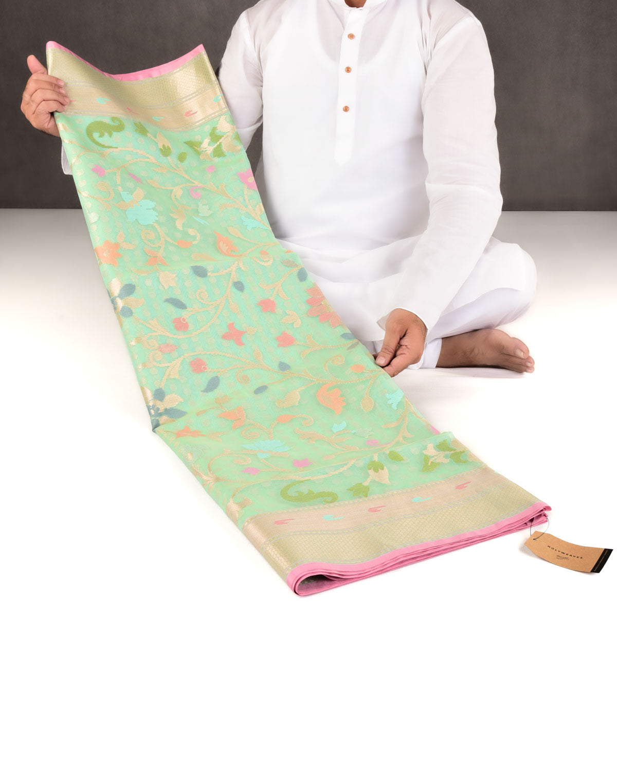 Aqua Marine Banarasi Gold Zari Polka Buti & Meenekari Palla Cutwork Brocade Woven Art Kora Silk Saree-HolyWeaves