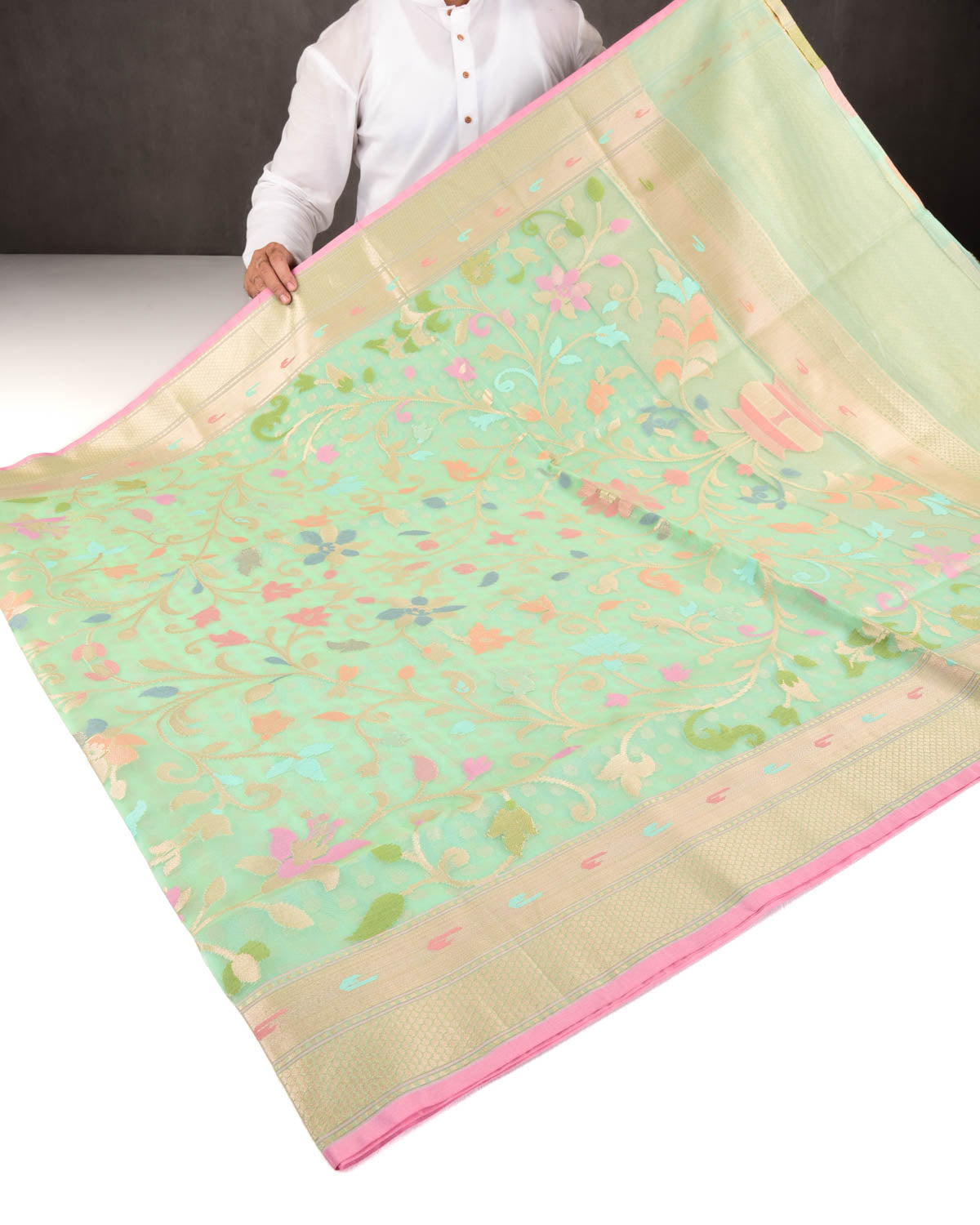 Aqua Marine Banarasi Gold Zari Polka Buti & Meenekari Palla Cutwork Brocade Woven Art Kora Silk Saree-HolyWeaves