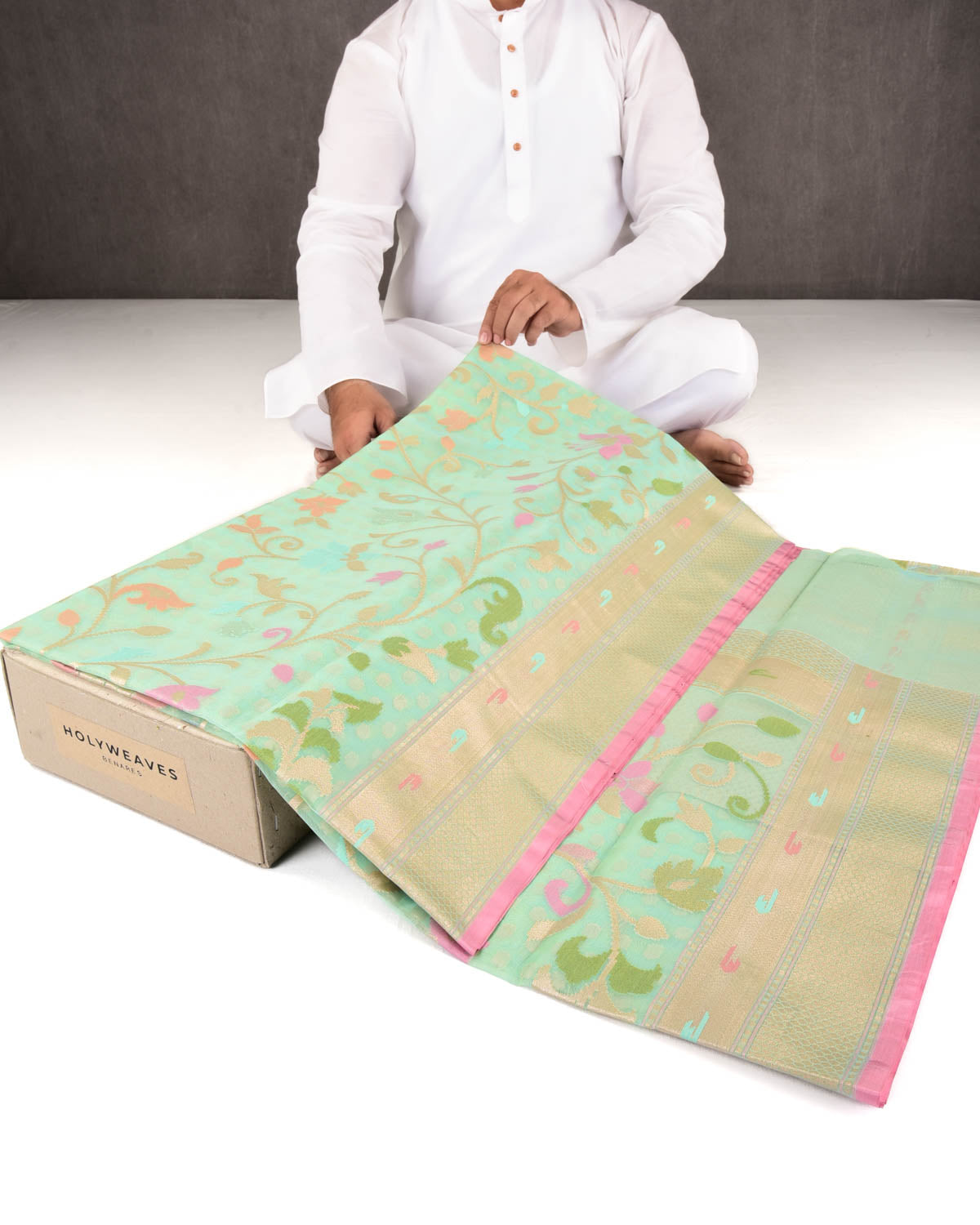 Aqua Marine Banarasi Gold Zari Polka Buti & Meenekari Palla Cutwork Brocade Woven Art Kora Silk Saree-HolyWeaves