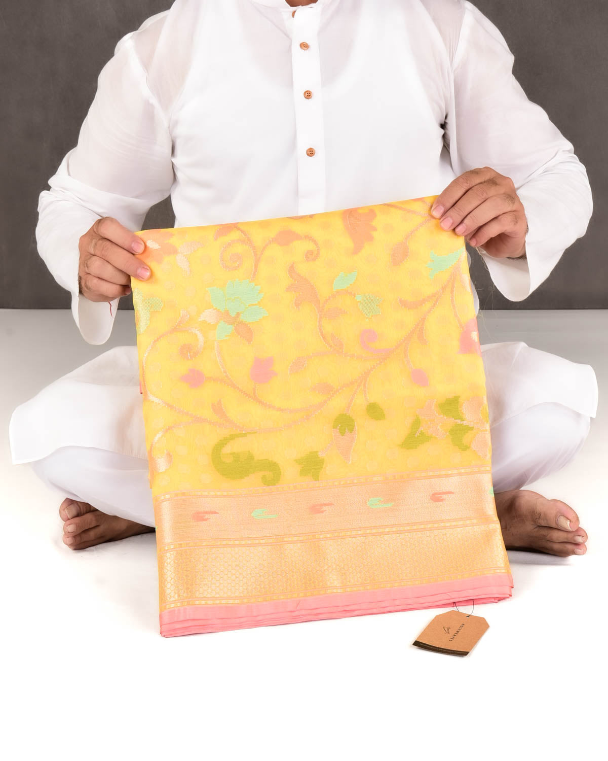 Yellow Banarasi Gold Zari Polka Buti & Meenekari Palla Cutwork Brocade Woven Art Kora Silk Saree-HolyWeaves
