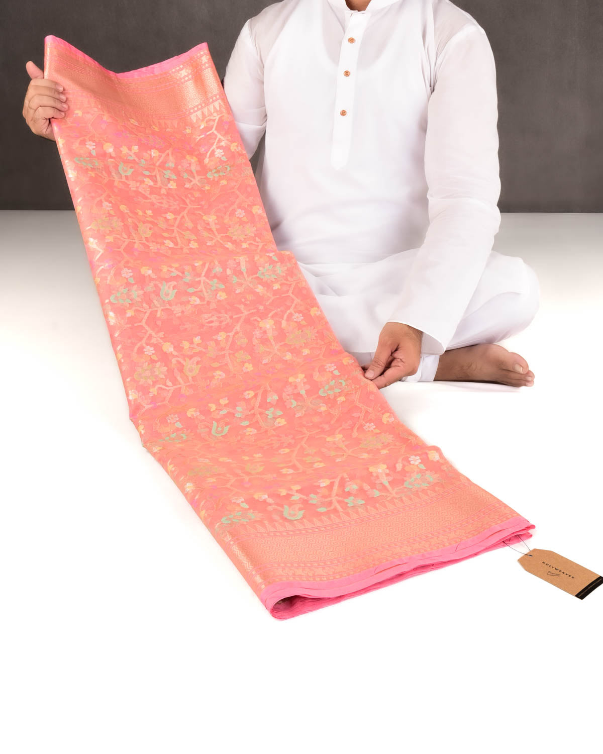 Salmon Pink Banarasi Gold Zari & Meenekari Paisley Jaal Cutwork Brocade Woven Art Kora Silk Saree-HolyWeaves