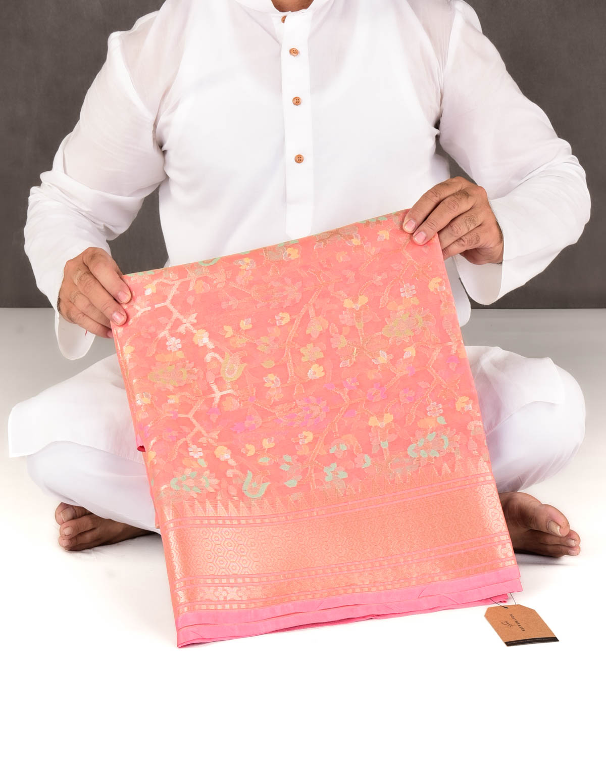 Salmon Pink Banarasi Gold Zari & Meenekari Paisley Jaal Cutwork Brocade Woven Art Kora Silk Saree-HolyWeaves