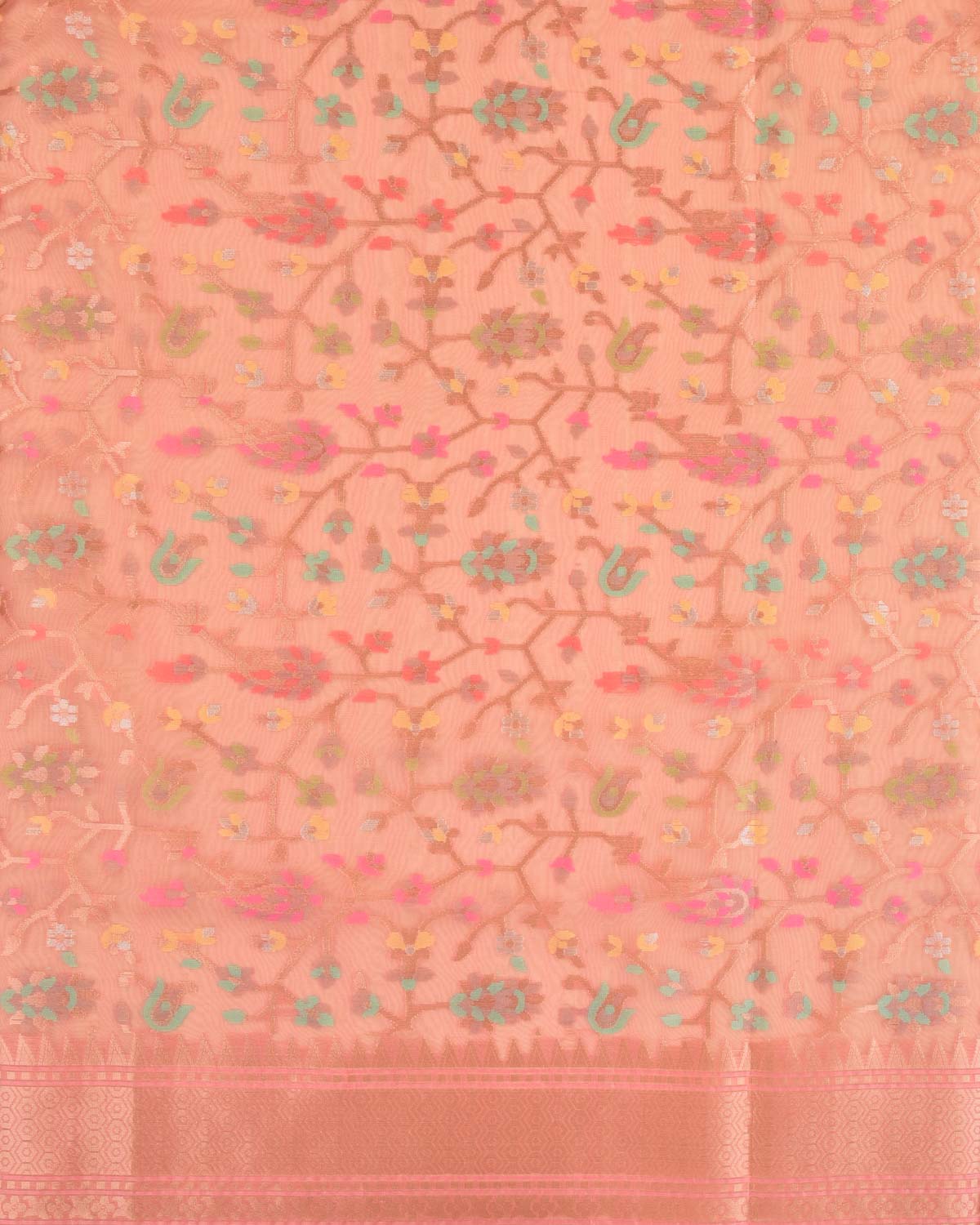 Salmon Pink Banarasi Gold Zari & Meenekari Paisley Jaal Cutwork Brocade Woven Art Kora Silk Saree-HolyWeaves