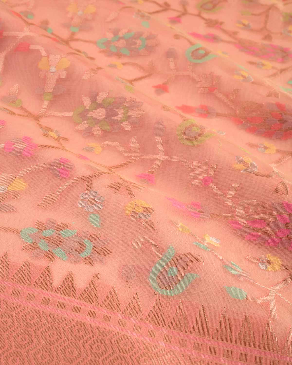 Salmon Pink Banarasi Gold Zari & Meenekari Paisley Jaal Cutwork Brocade Woven Art Kora Silk Saree-HolyWeaves