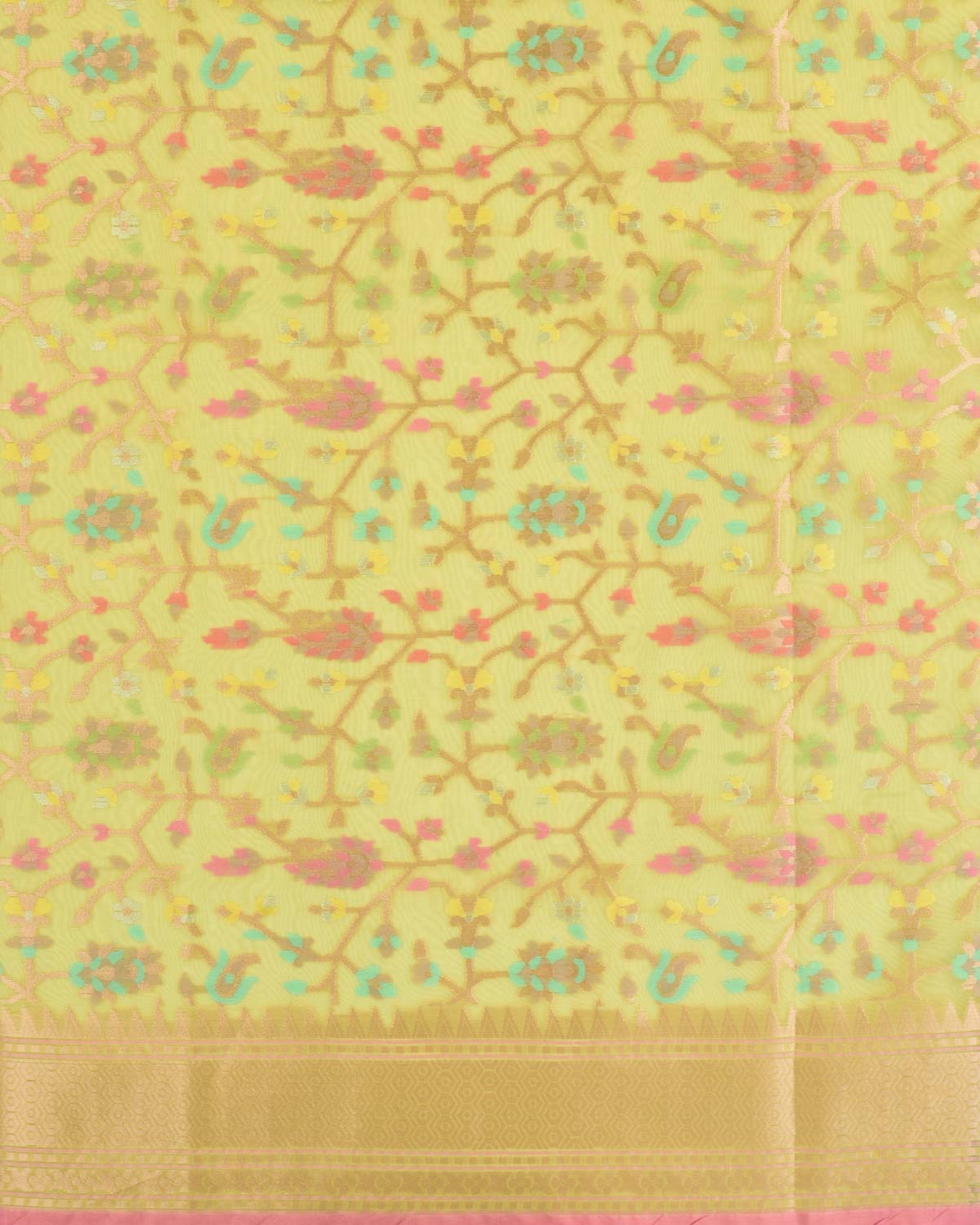 Lime Green Banarasi Gold Zari & Meenekari Paisley Jaal Cutwork Brocade Woven Art Kora Silk Saree-HolyWeaves