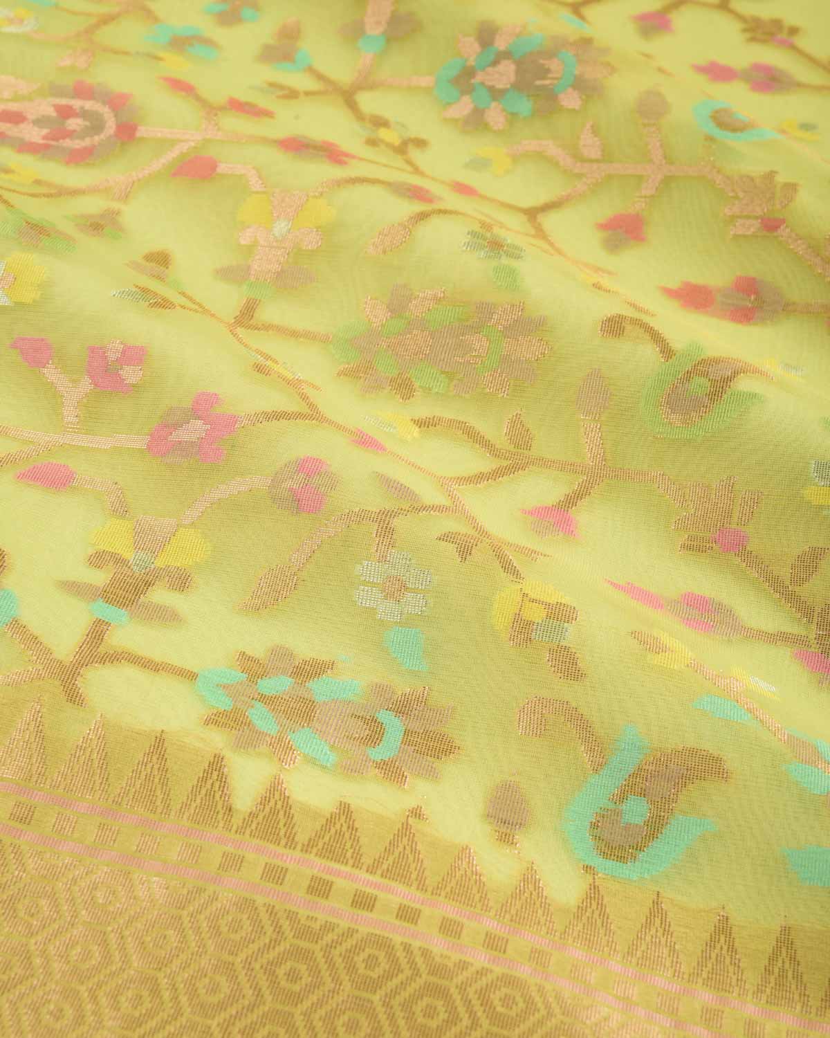 Lime Green Banarasi Gold Zari & Meenekari Paisley Jaal Cutwork Brocade Woven Art Kora Silk Saree-HolyWeaves