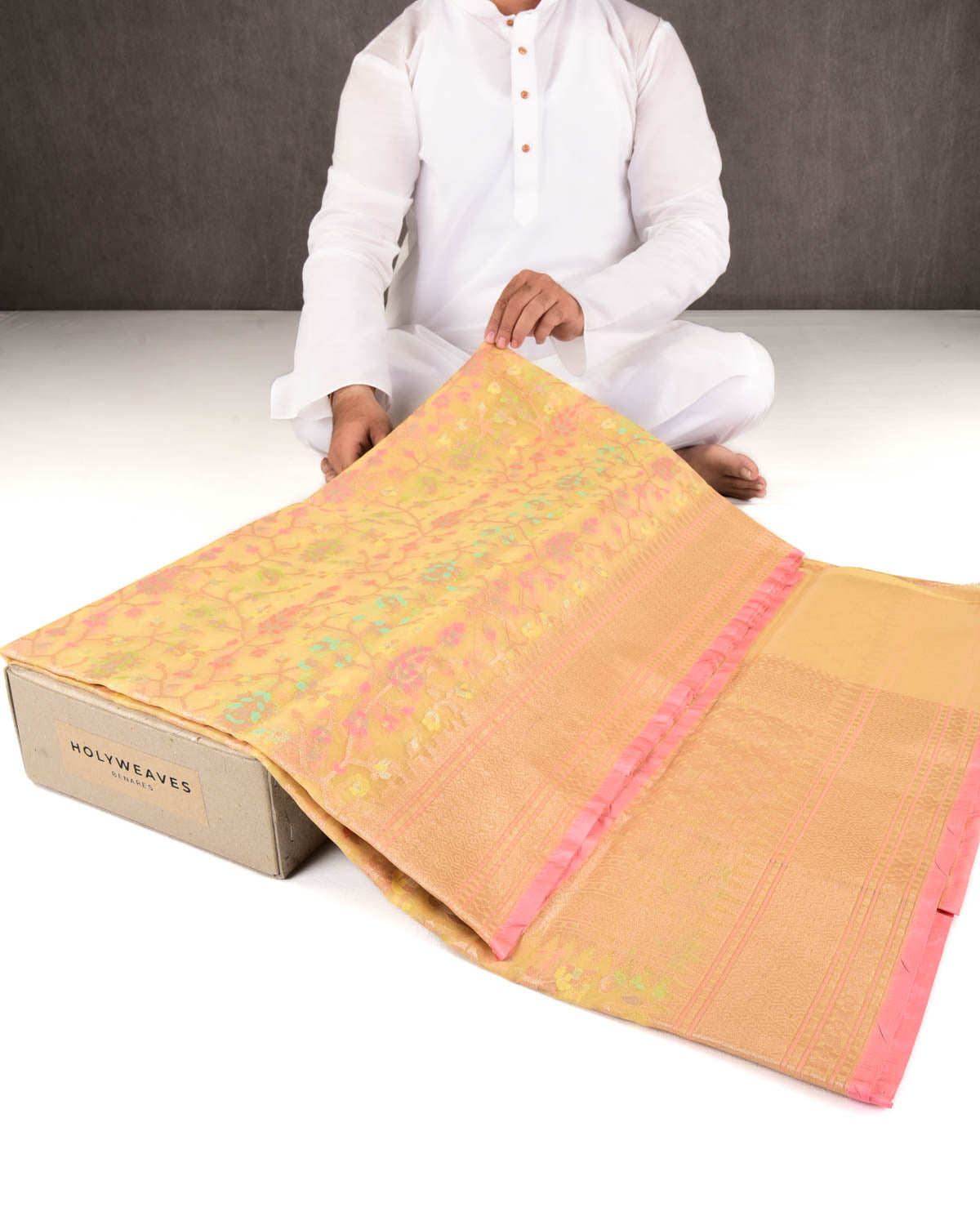 Yellow Banarasi Gold Zari & Meenekari Paisley Jaal Cutwork Brocade Woven Art Kora Silk Saree-HolyWeaves