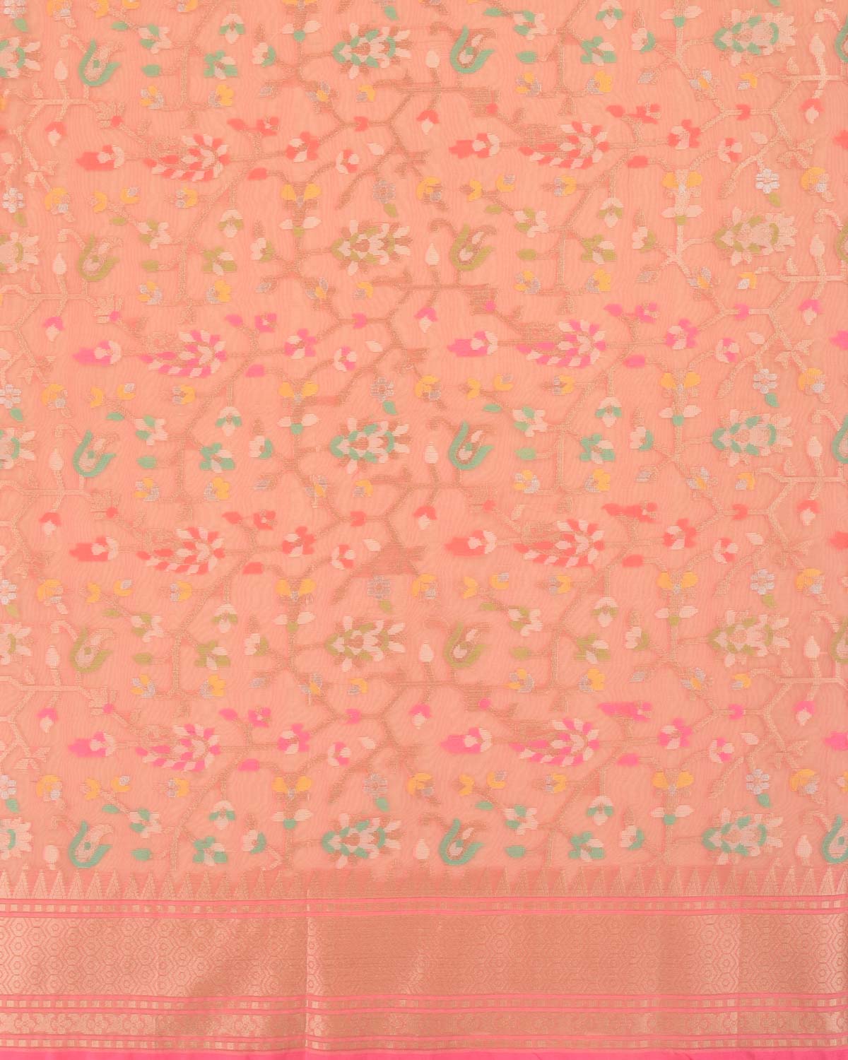 Salmon Pink Banarasi Gold Zari & Meenekari Paisley Jaal Cutwork Brocade Woven Art Kora Silk Saree-HolyWeaves