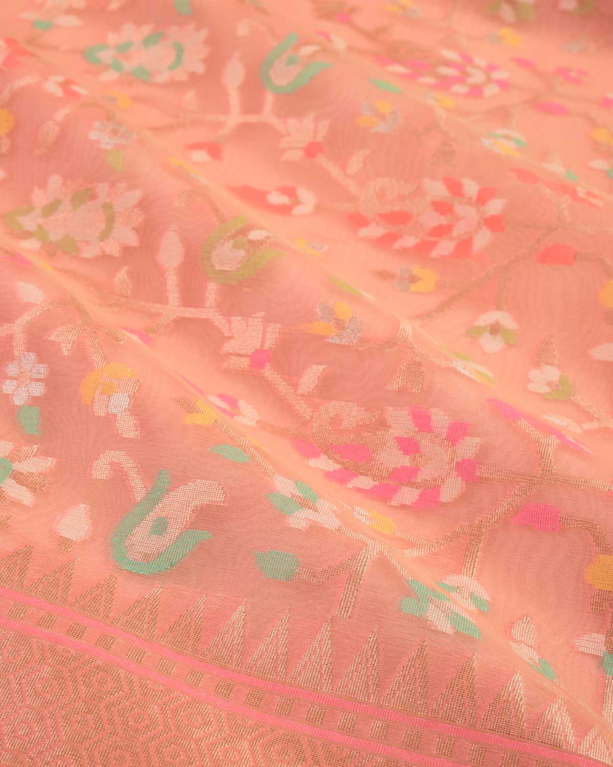 Salmon Pink Banarasi Gold Zari & Meenekari Paisley Jaal Cutwork Brocade Woven Art Kora Silk Saree-HolyWeaves