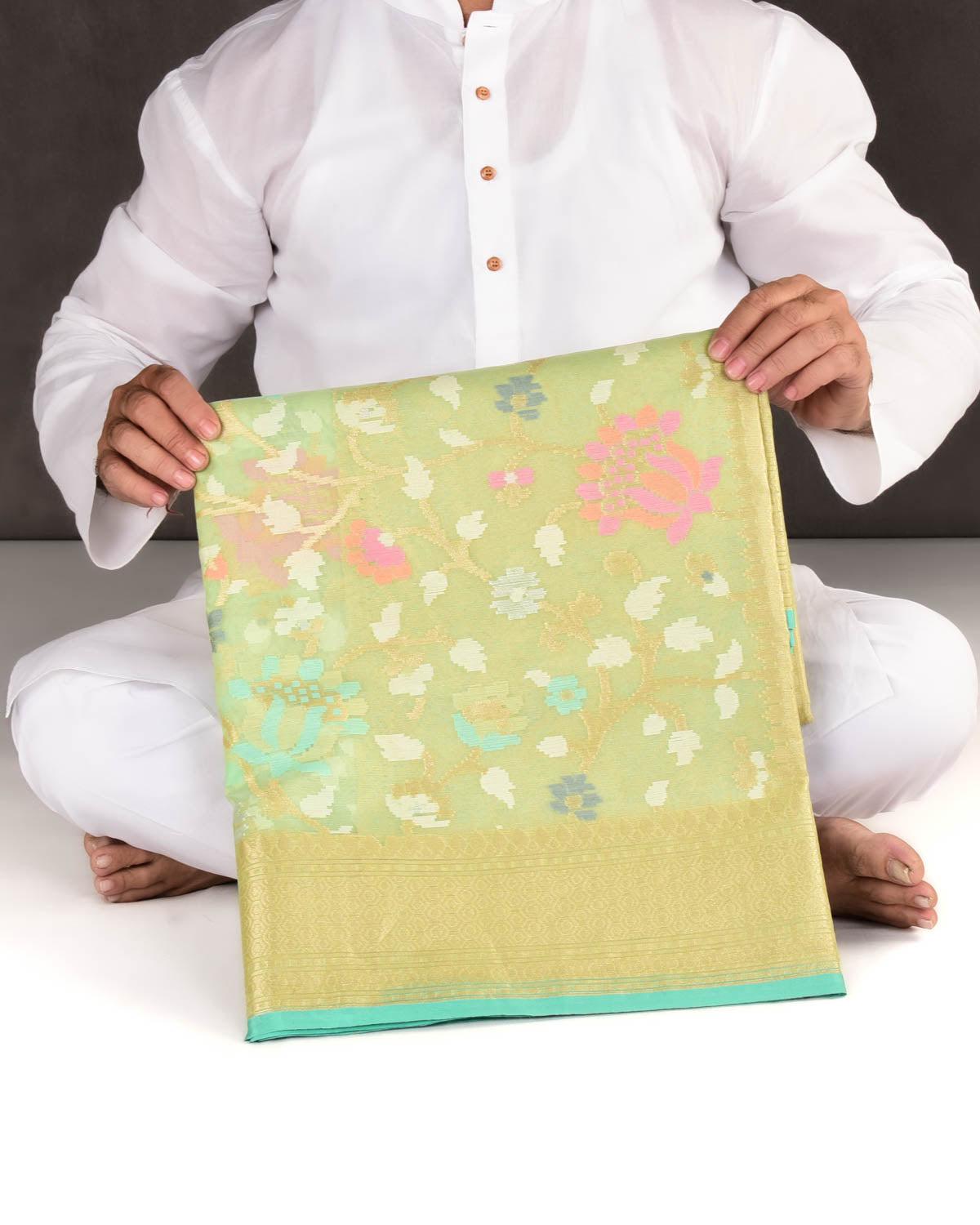 Green Banarasi Gold Zari & Meenekari Lotus Jaal Cutwork Brocade Woven Art Kora Silk Saree-HolyWeaves