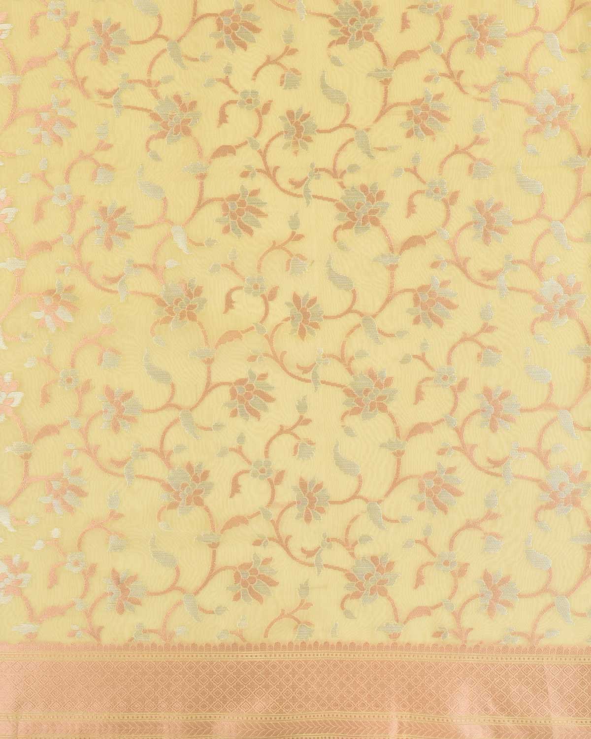 Mellow Yellow Banarasi Gold & Silver Zari Floral Jaal Cutwork Brocade Woven Art Kora Silk Saree-HolyWeaves