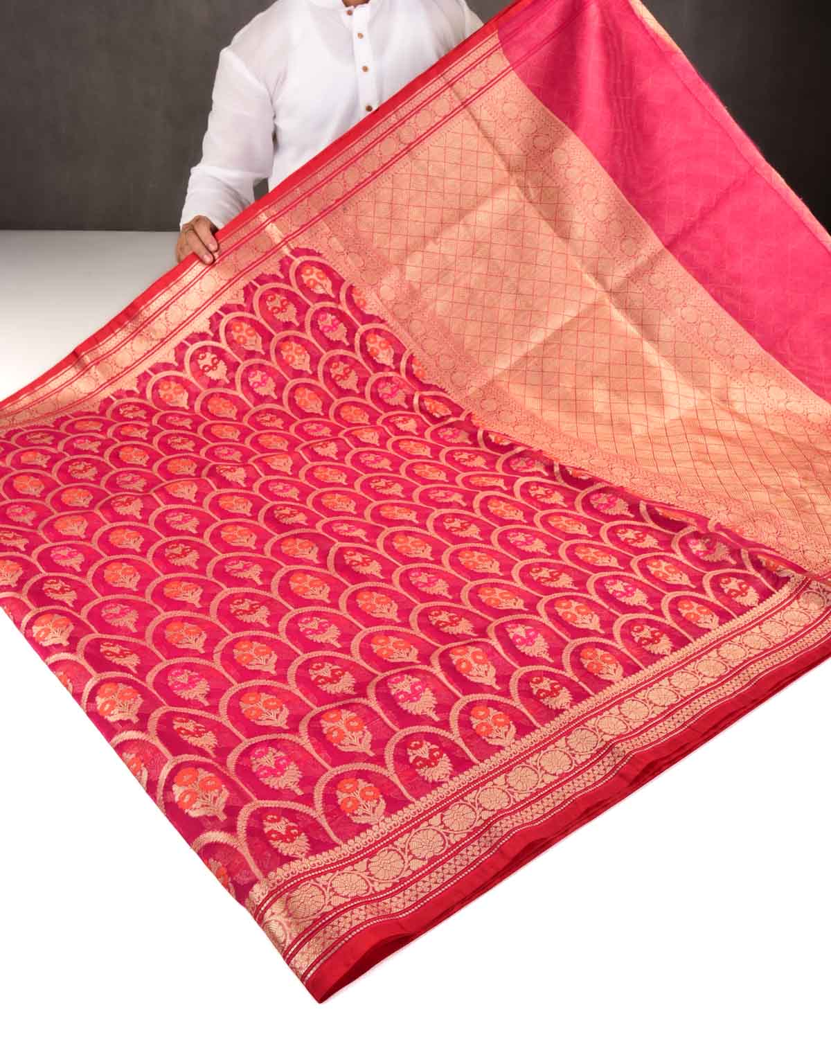 Shot Rani Pink Banarasi Gold Zari & Meenekari Guldasta Jharokha Cutwork Brocade Woven Art Kora Silk Saree-HolyWeaves