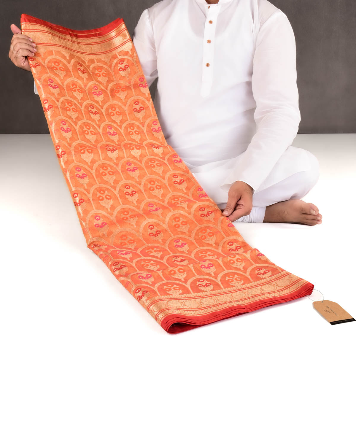 Orange Banarasi Gold Zari & Meenekari Guldasta Jharokha Cutwork Brocade Woven Art Kora Silk Saree-HolyWeaves
