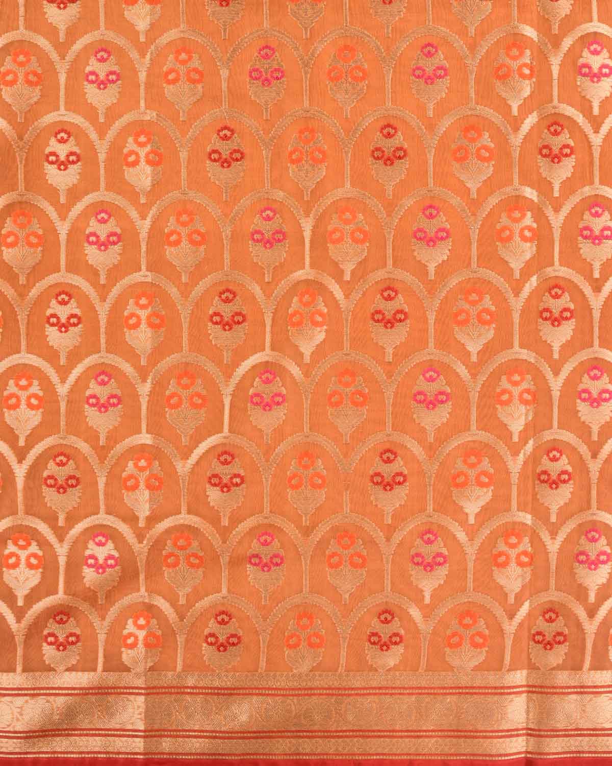 Orange Banarasi Gold Zari & Meenekari Guldasta Jharokha Cutwork Brocade Woven Art Kora Silk Saree-HolyWeaves
