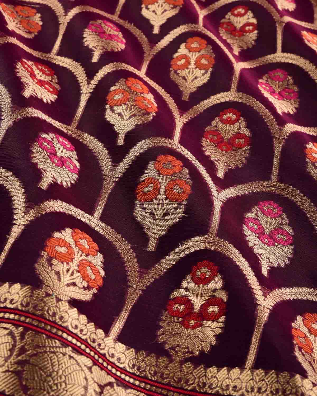 Shot Purple Banarasi Gold Zari & Meenekari Guldasta Jharokha Cutwork Brocade Woven Art Kora Silk Saree-HolyWeaves