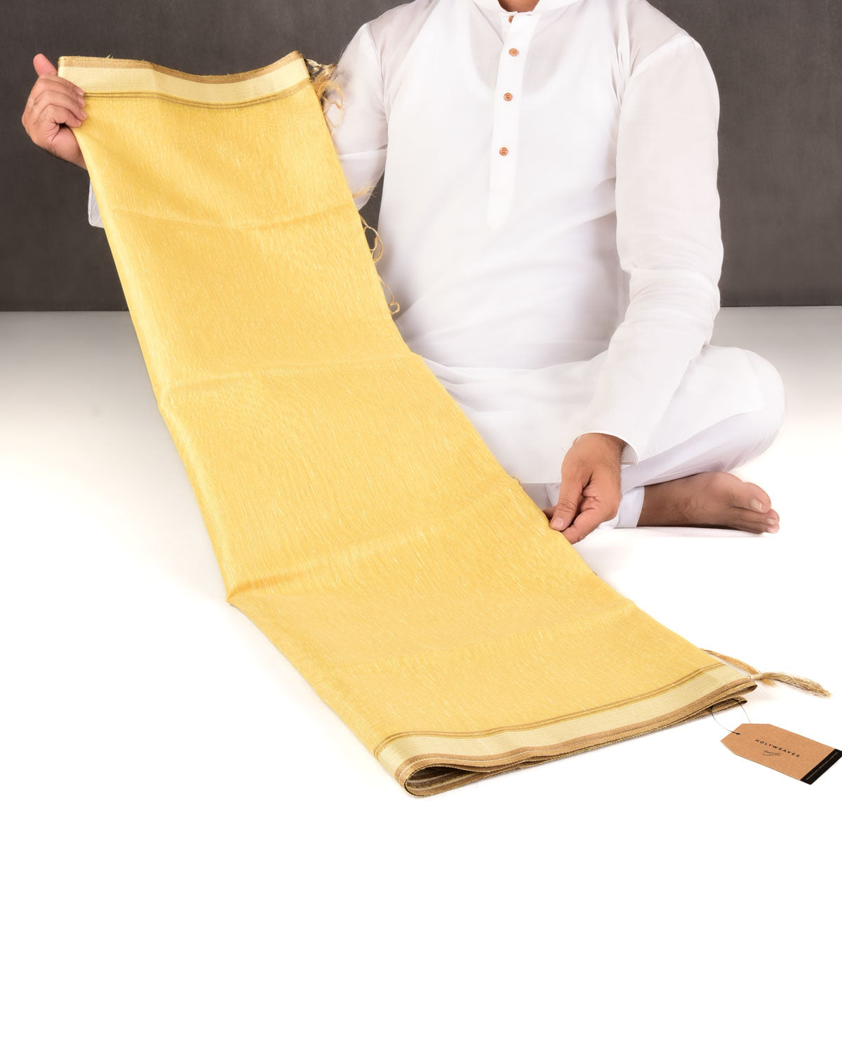 Metallic Yellow Banarasi Dual Zari Border Brocade Woven Art Cotton Tissue Saree-HolyWeaves