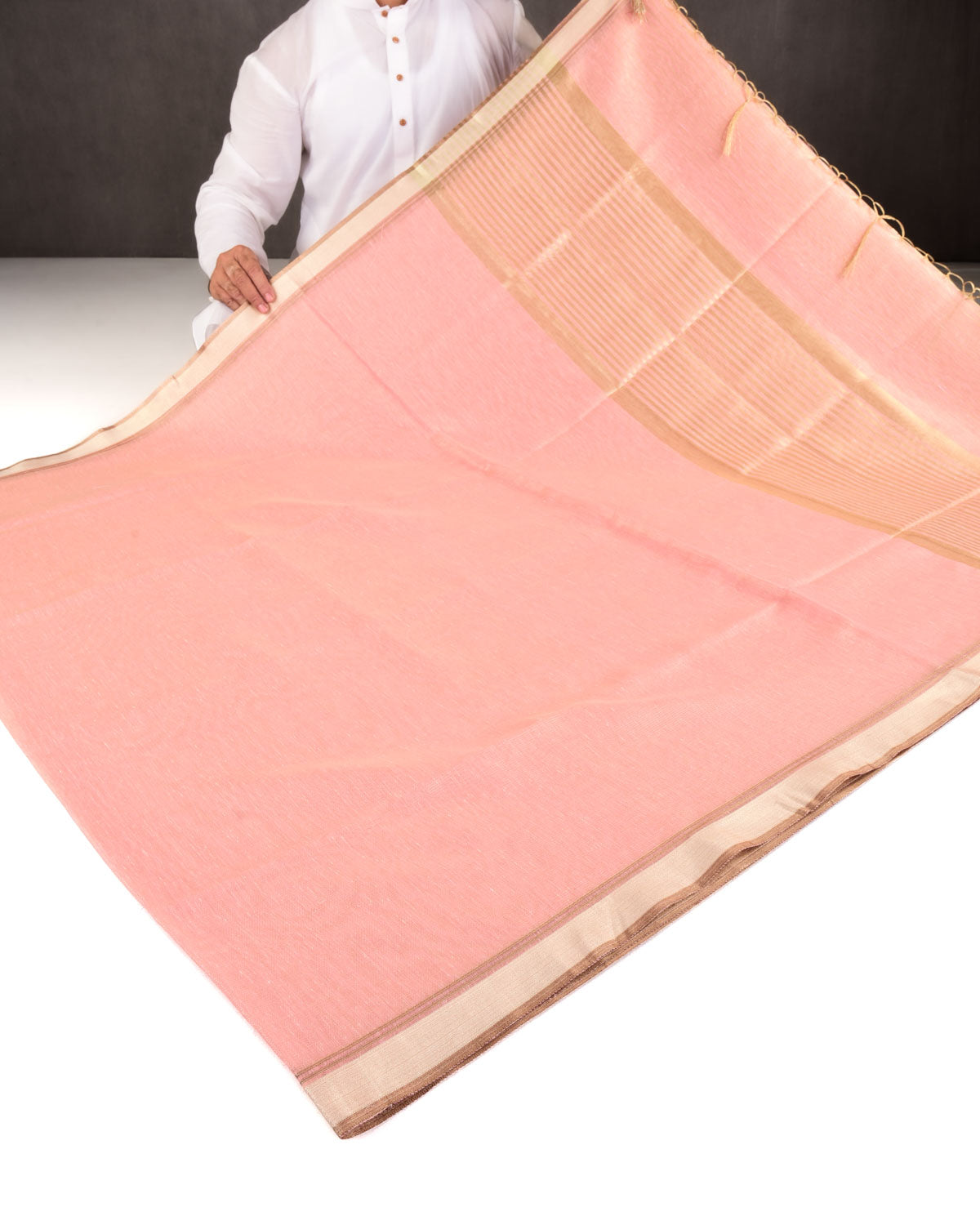 Metallic Pink Banarasi Dual Zari Border Brocade Woven Art Cotton Tissue Saree-HolyWeaves