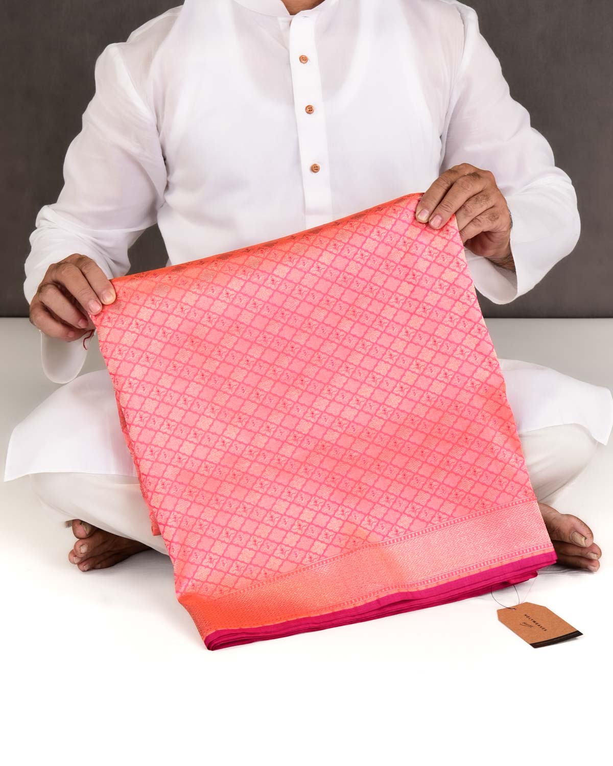 Pink Banarasi Gold Zari And Pink Meena Alfi Brocade Handwoven Katan Silk Saree with Rani Pink Contrast Blouse-HolyWeaves