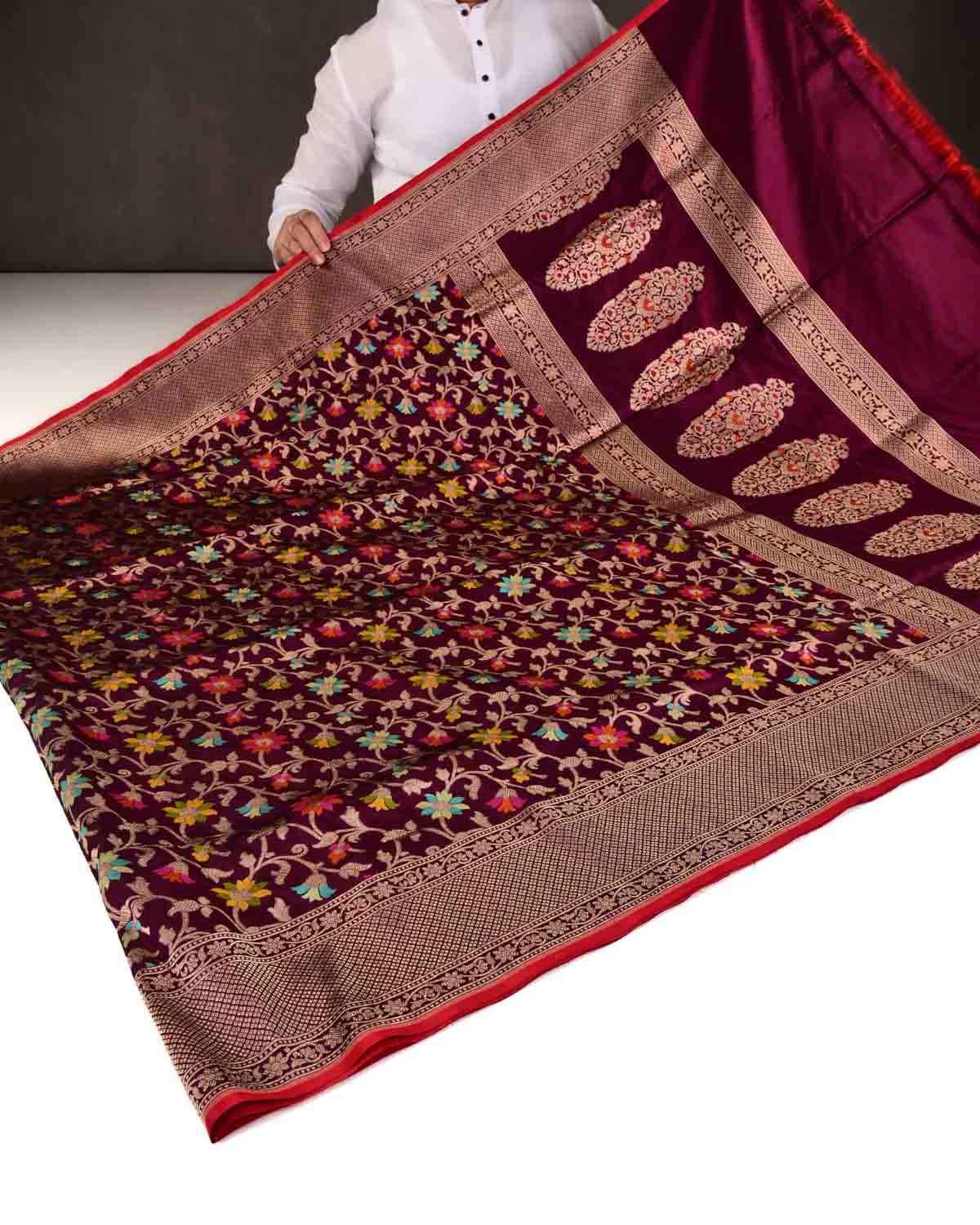 Purple Magenta Banarasi Gold Zari and Multi-Color Resham Tehri Cutwork Brocade Handwoven Katan Silk Saree-HolyWeaves