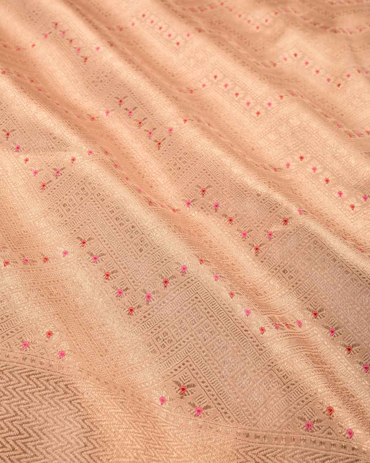 Beige Banarasi Gold Zari and Red Pink Resham Chevron Cutwork Brocade Handwoven Katan Silk Saree with Contrast Blouse-HolyWeaves