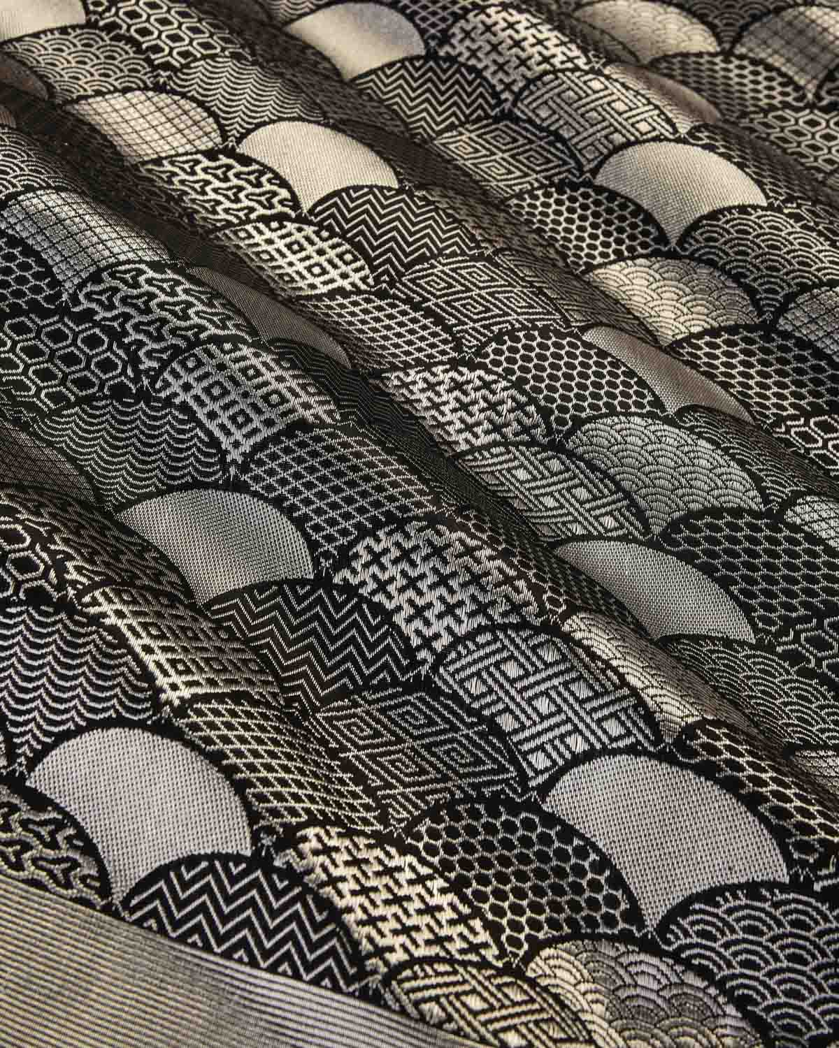 Black Banarasi Silver Zari Geometric Fish Scale Brocade Handwoven Katan Silk Saree-HolyWeaves