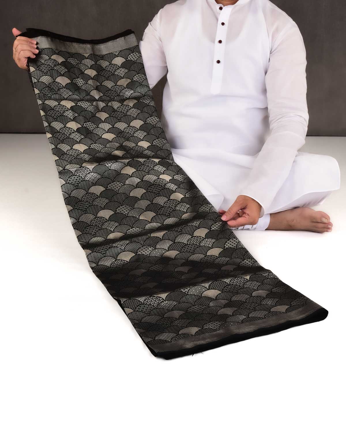 Black Banarasi Silver Zari Geometric Fish Scale Brocade Handwoven Katan Silk Saree-HolyWeaves