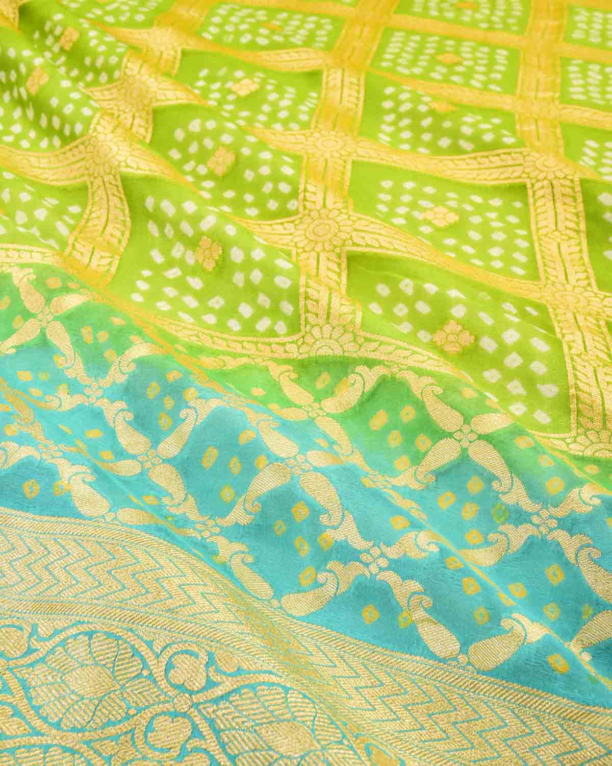 Ombre Green-Blue Banarasi Gold Zari Gharchola Cutwork Brocade Handwoven Khaddi Georgette Saree with 2-color Bandhej-HolyWeaves