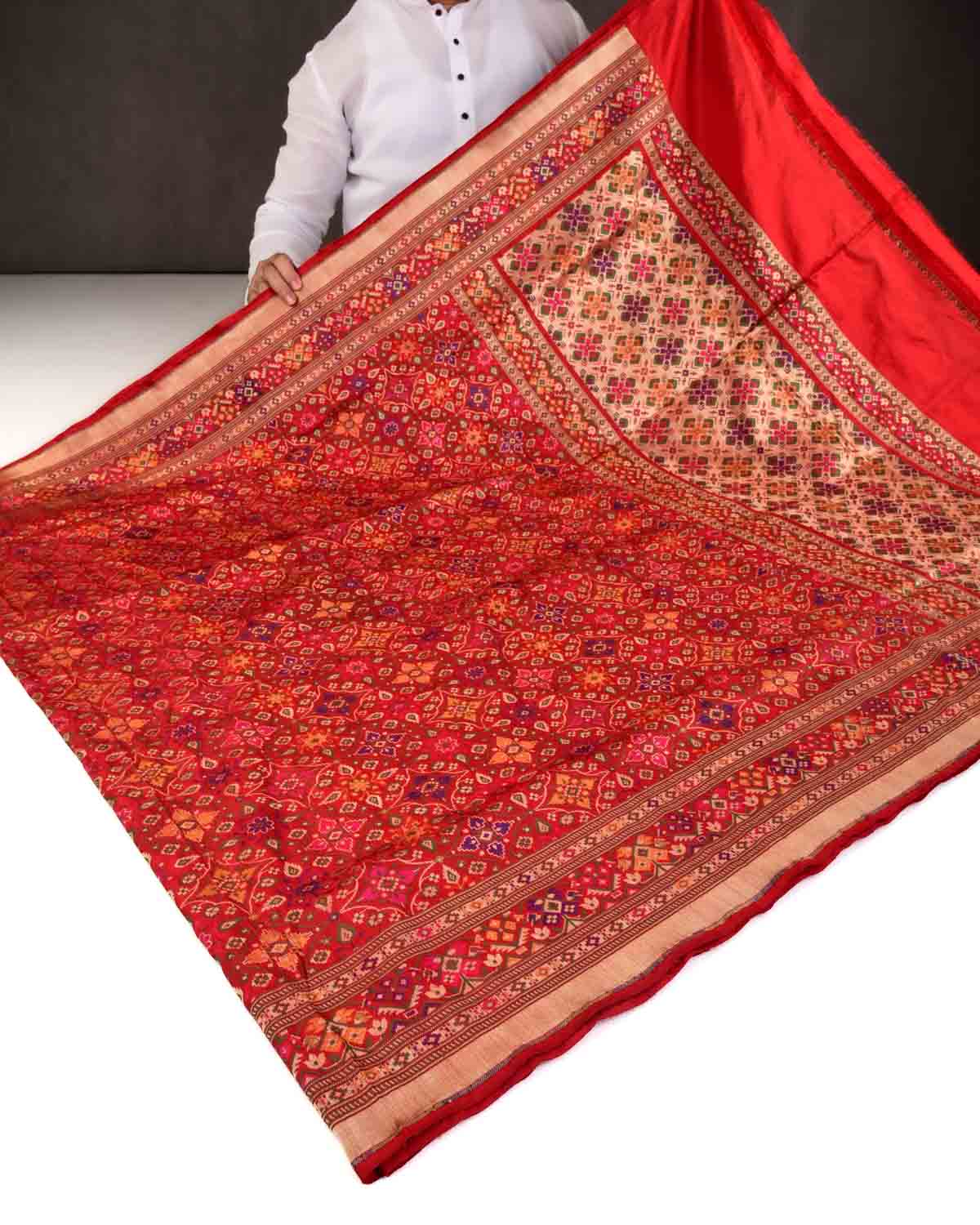 Bridal Red Banarasi Traditional Patola Tehri Cutwork Brocade Handwoven Katan Silk Saree-HolyWeaves