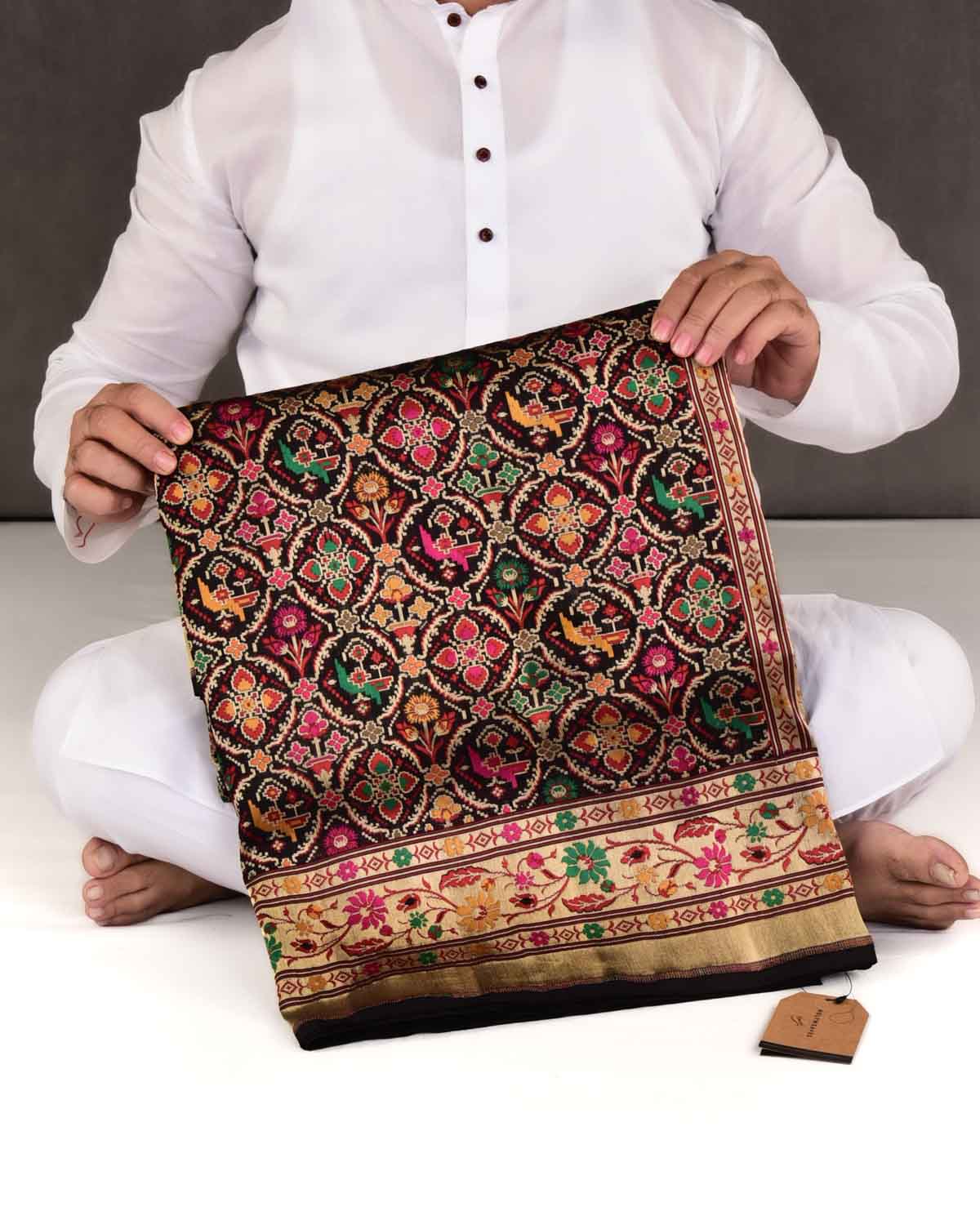 Black Banarasi Traditional Patola Tehri Cutwork Brocade Handwoven Katan Silk Saree-HolyWeaves