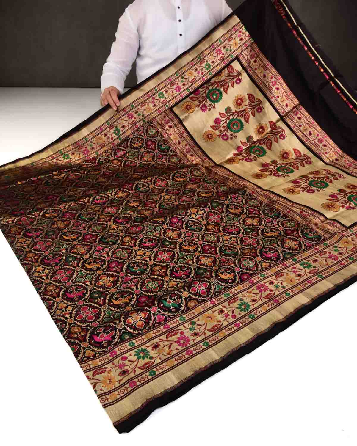 Black Banarasi Traditional Patola Tehri Cutwork Brocade Handwoven Katan Silk Saree-HolyWeaves