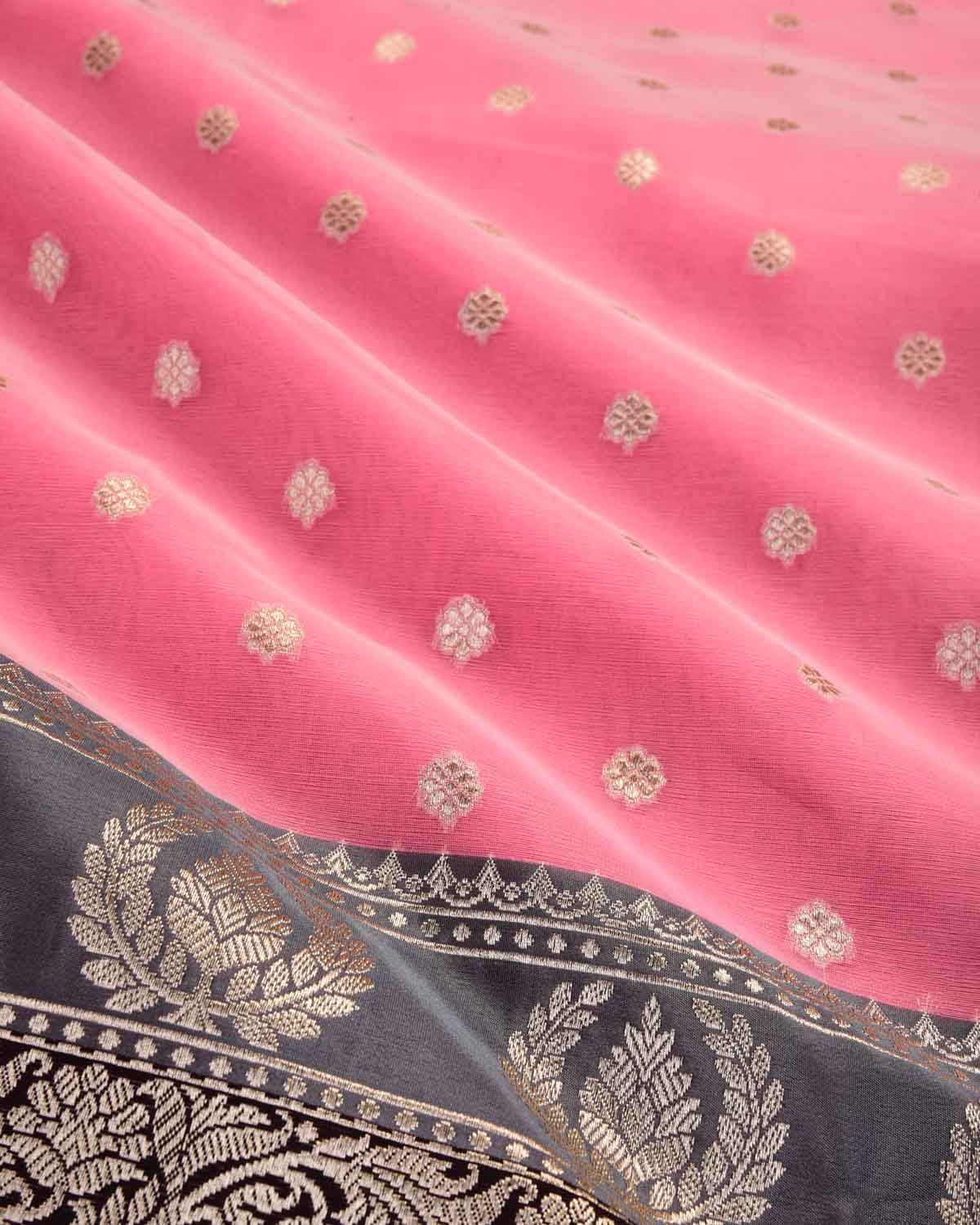 Pink Banarasi Gold Zari Buti Cutwork Brocade Woven Art Kora Silk Saree with Contrast Grey Border Pallu-HolyWeaves