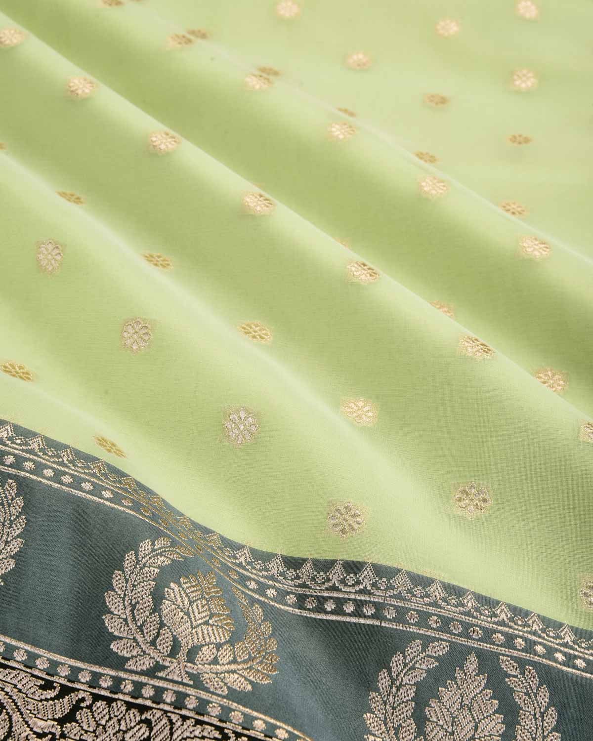 Green Banarasi Gold Zari Buti Cutwork Brocade Woven Art Kora Silk Saree with Contrast Grey Border Pallu-HolyWeaves