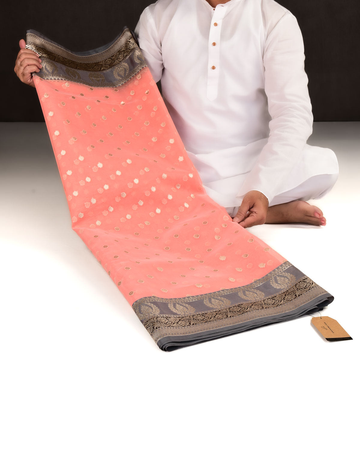 Peach Banarasi Gold Zari Buti Cutwork Brocade Woven Art Kora Silk Saree with Contrast Grey Border Pallu-HolyWeaves
