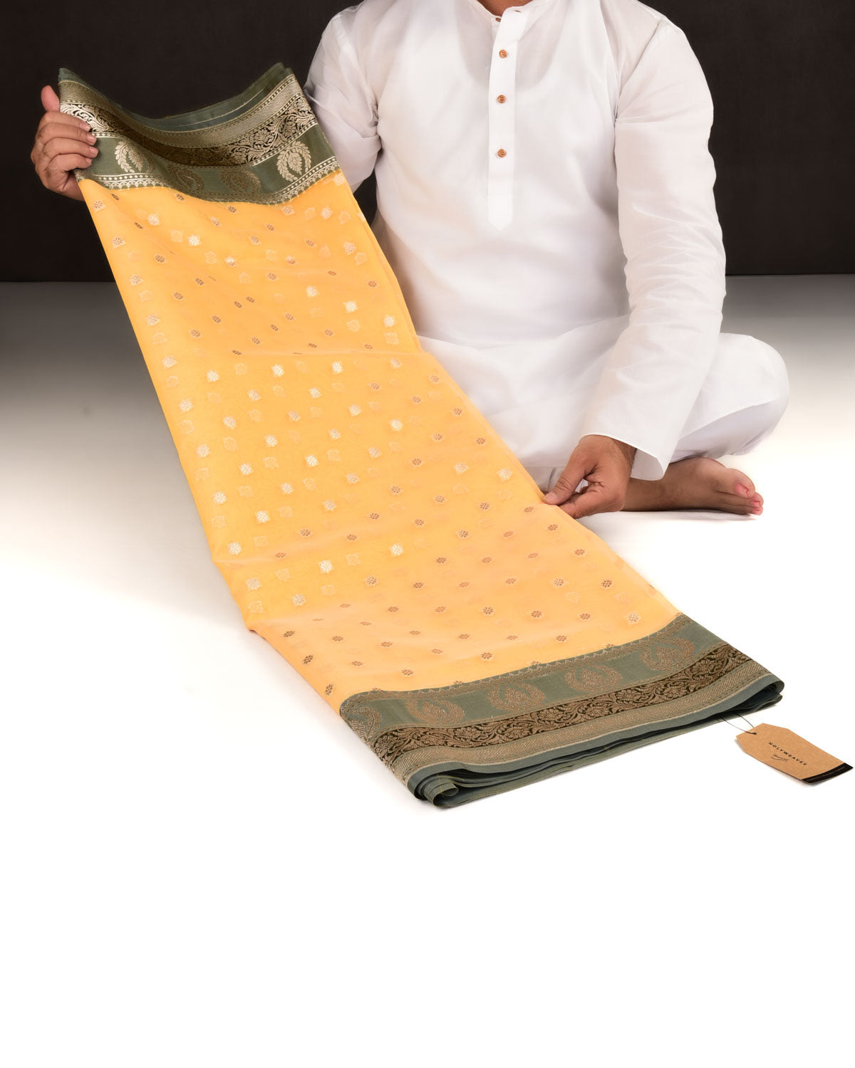 Yellow Banarasi Gold Zari Buti Cutwork Brocade Woven Art Kora Silk Saree with Contrast Grey Border Pallu-HolyWeaves