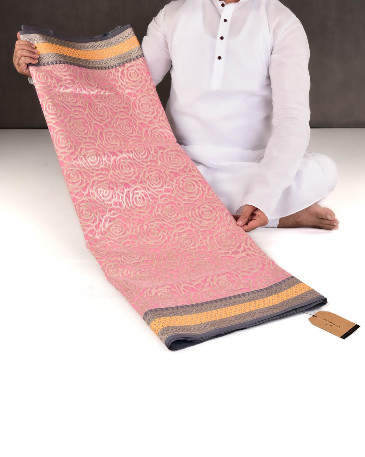 Pink Banarasi Gold Zari Gulab Jaal Cutwork Brocade Woven Art Kora Silk Saree with Contrast Grey Yellow Border Pallu-HolyWeaves