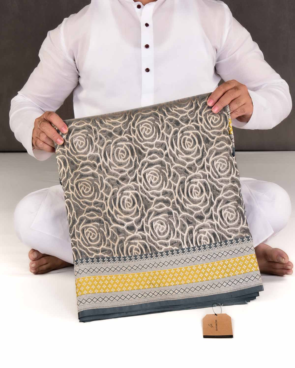 Gray Banarasi Gold Zari Gulab Jaal Cutwork Brocade Woven Art Kora Silk Saree with Contrast Grey Yellow Border Pallu-HolyWeaves