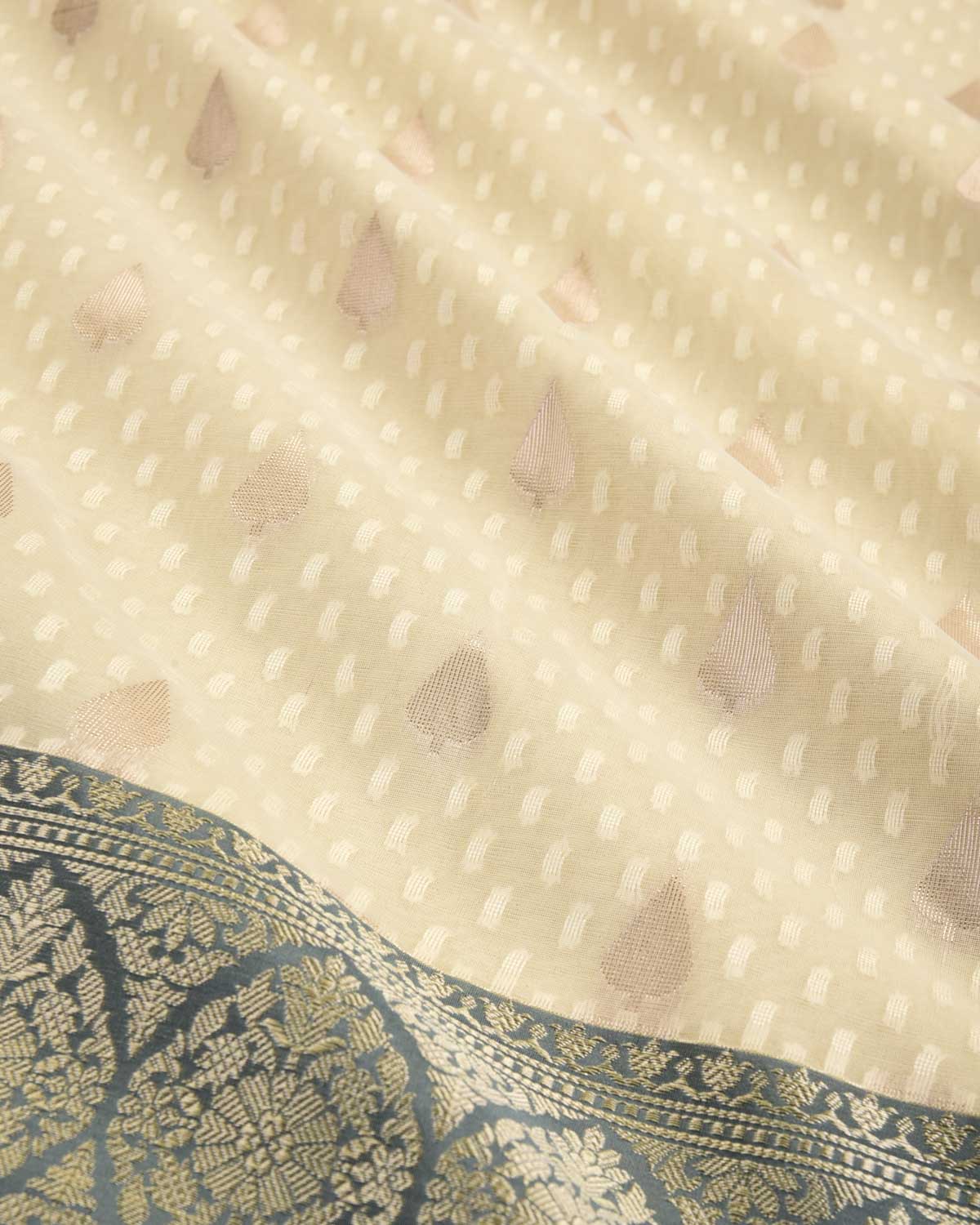 Cream Banarasi Gold Zari Buti & Resham Drops Cutwork Brocade Woven Art Kora Silk Saree with Contrast Grey Border Pallu-HolyWeaves