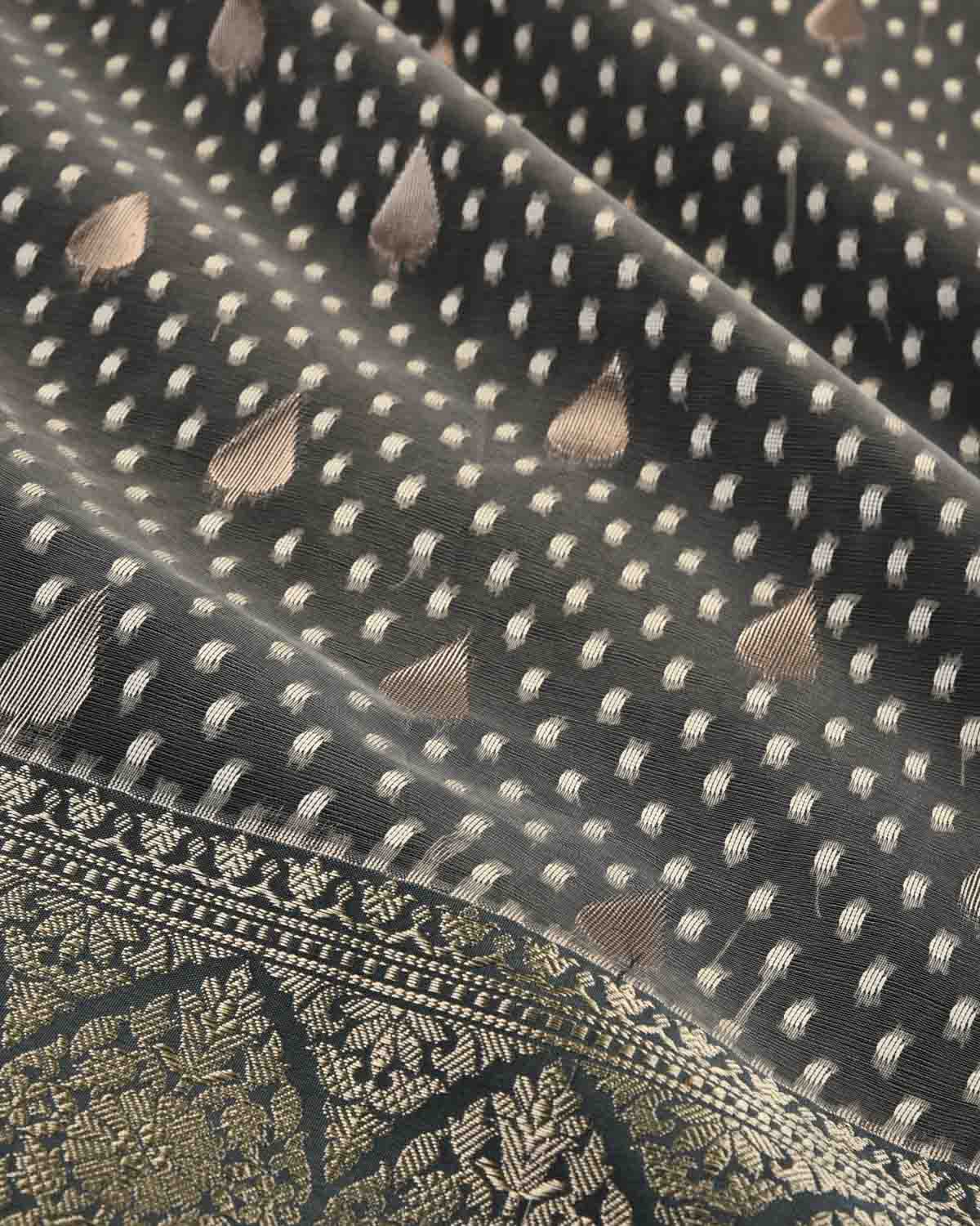 Gray Banarasi Light Gold Zari Buti & Resham Drops Cutwork Brocade Woven Art Kora Silk Saree-HolyWeaves