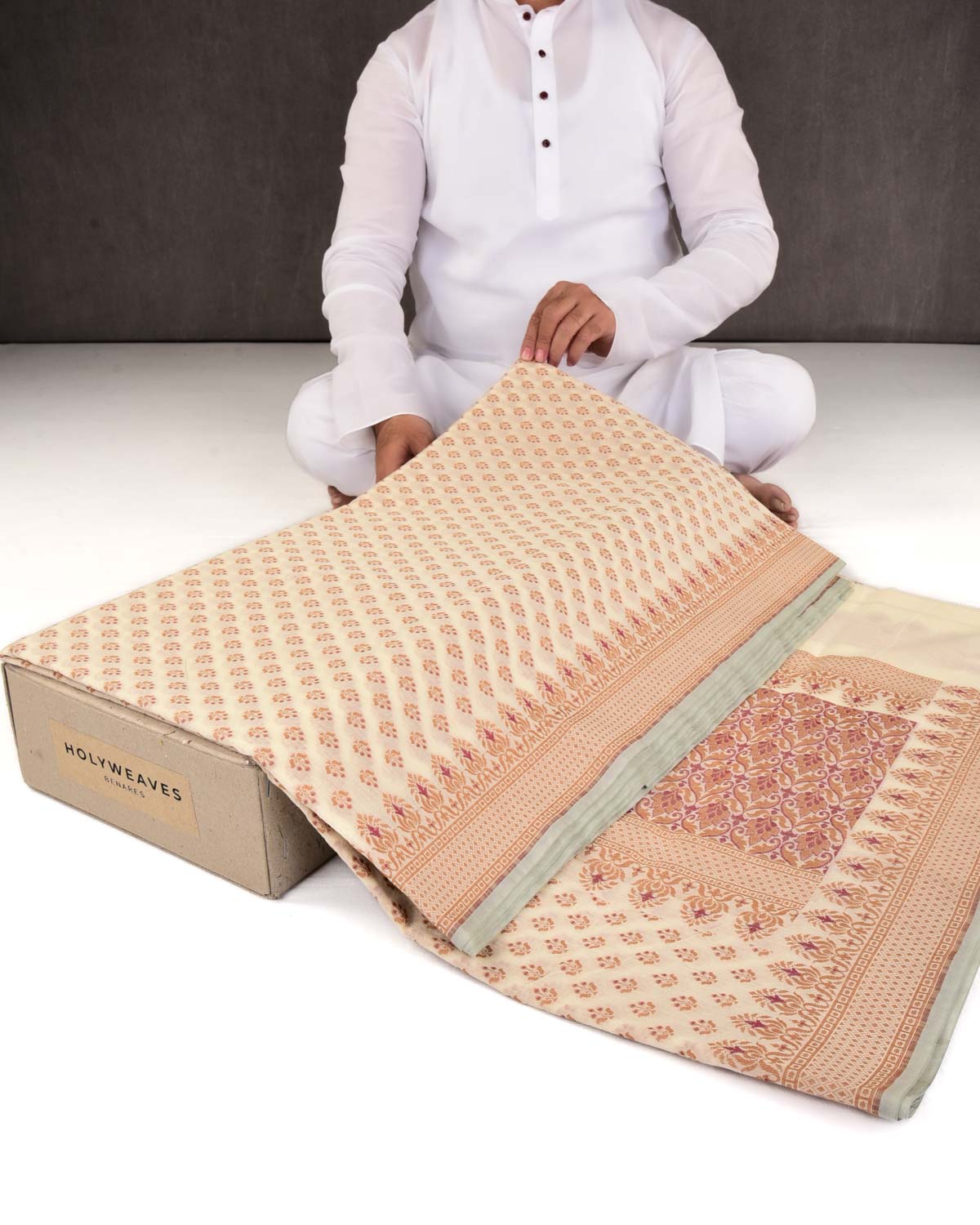Cream Banarasi Alfi Buti Cutwork Brocade Woven Art Cotton Silk Saree-HolyWeaves
