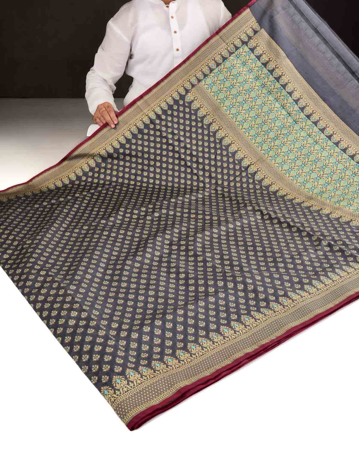 Gray Banarasi Alfi Buti Cutwork Brocade Woven Art Cotton Silk Saree-HolyWeaves