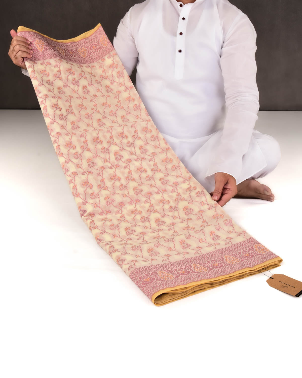 Cream Banarasi Alfi Jaal Cutwork Brocade Woven Art Cotton Silk Saree-HolyWeaves