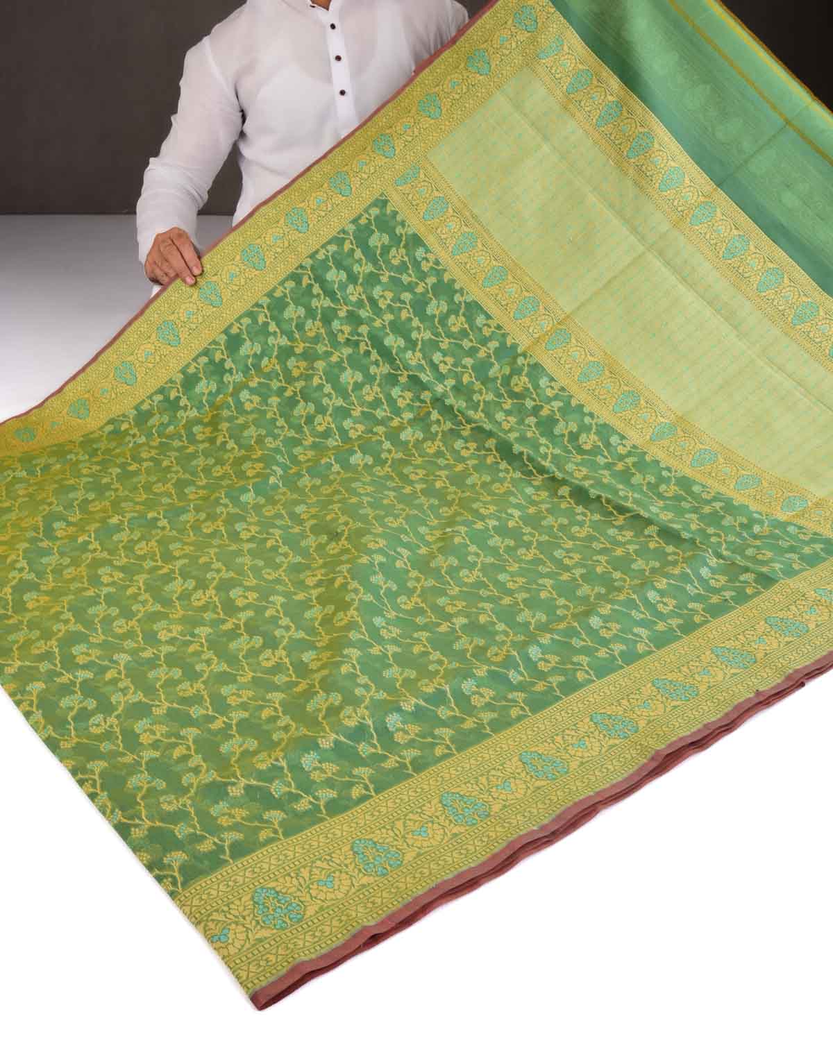 Sunny Green Banarasi Alfi Jaal Cutwork Brocade Woven Art Cotton Silk Saree-HolyWeaves