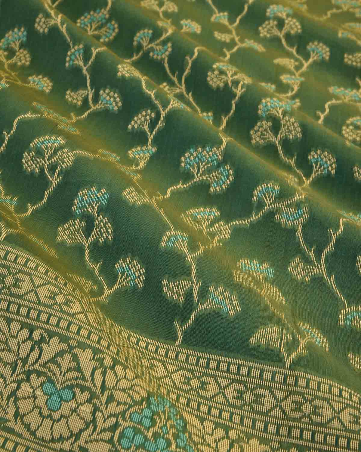 Sunny Green Banarasi Alfi Jaal Cutwork Brocade Woven Art Cotton Silk Saree-HolyWeaves